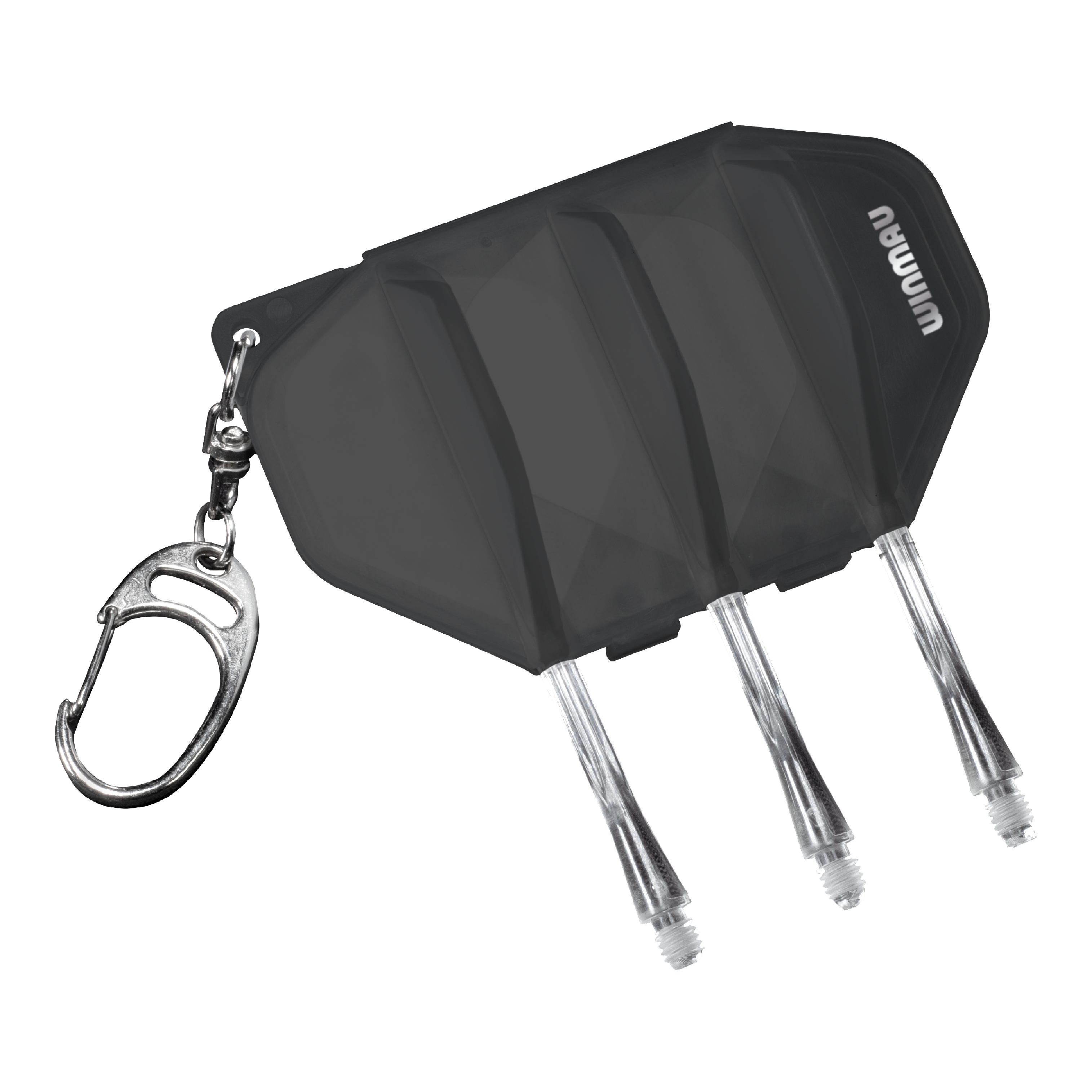 Estuche de vuelo Winmau Fusion - Negro transparente Das Bild zeigt das Winmau Fusion Flightcase in der Farbe Clear Black. Es besitzt einen Schlüsselanhänger und Platz für Darts-Flights und -Shafts.