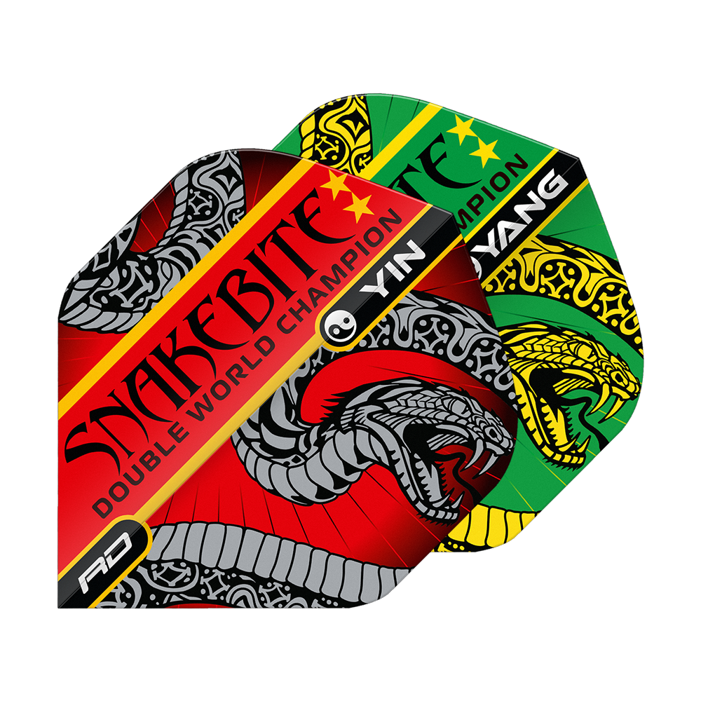 Vuelos estándar Red Dragon Peter Wright Snakebite Red Green Yin Yang Auf dem Bild sind zwei bunte Dart-Flights mit Schlangenmotiven zu sehen. Die Flights tragen die Aufschrift "Snakebite Double World Champion" und haben die Farben Rot und Grün.