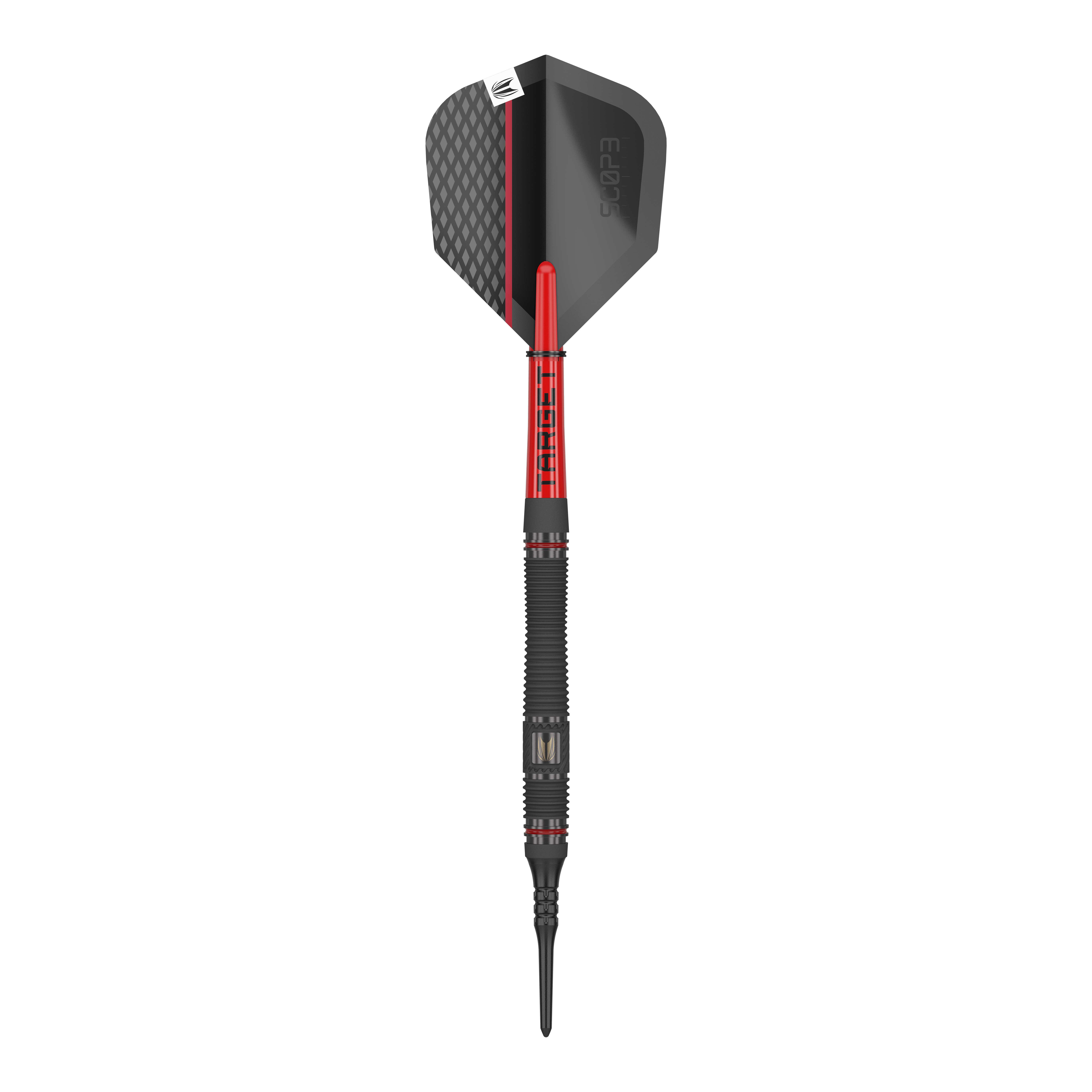Dardos blandos Target Scope 11 Das Bild zeigt einen Softdart namens "Target Scope 11 Softdarts". Der Dart ist schwarz und rot mit einem modernen Design und einer strukturierten Oberfläche.