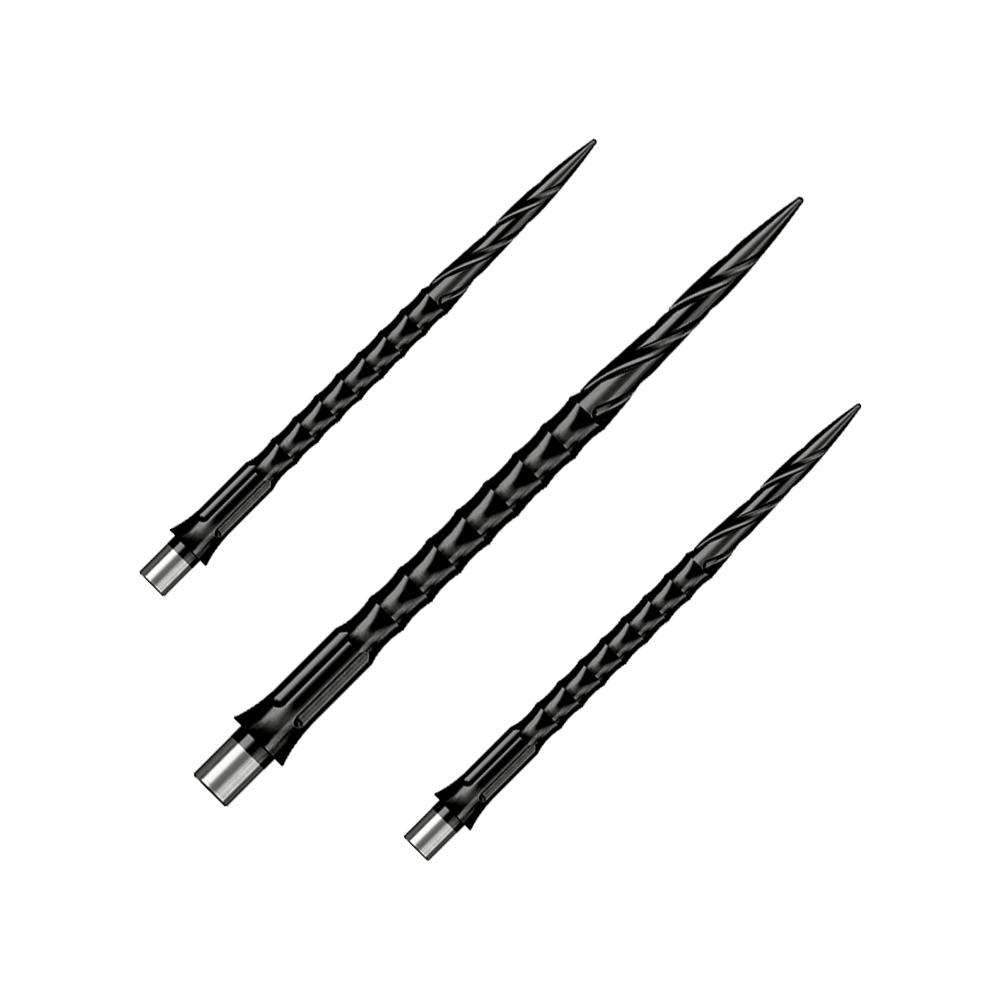 Puntas de dardos de acero Caliburn System - Spiro - Sin pestaña - Negras Das Bild zeigt ein Produkt mit dem Dateinamen EVO033_Caliburn_Evo_System_Steeldartspitzen_Spiro_NoLip_Black_40mm_1Set. Es könnte sich um ein Set von schwarzen Steeldartspitzen handeln.