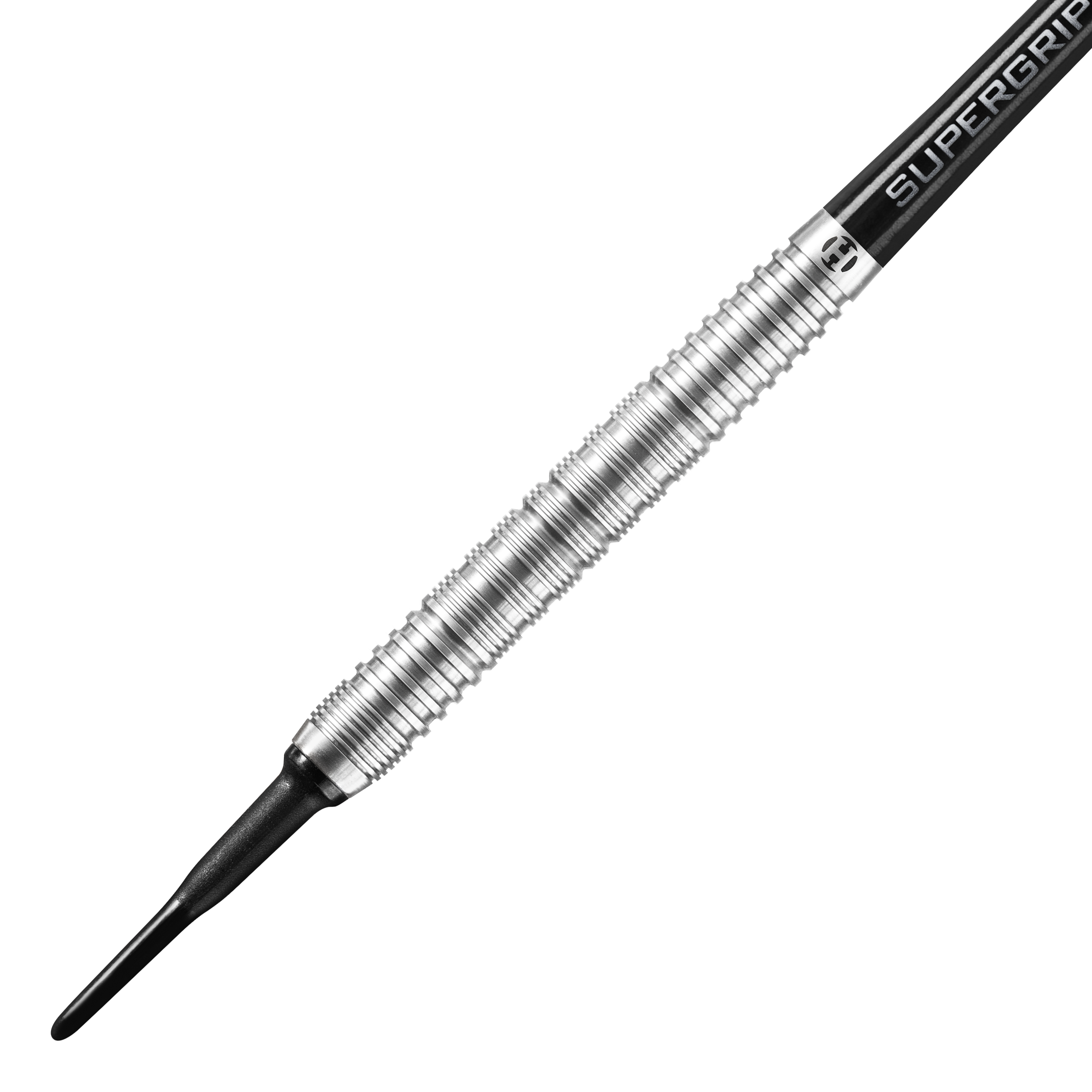 Dardos blandos paralelos Harrows Control Das Bild zeigt einen Harrows Control Parallel Softdart mit einem silbernen, gerillten Barrel. Der Dart hat eine schwarze Kunststoffspitze und einen Schaft mit der Aufschrift "Supergrip".
