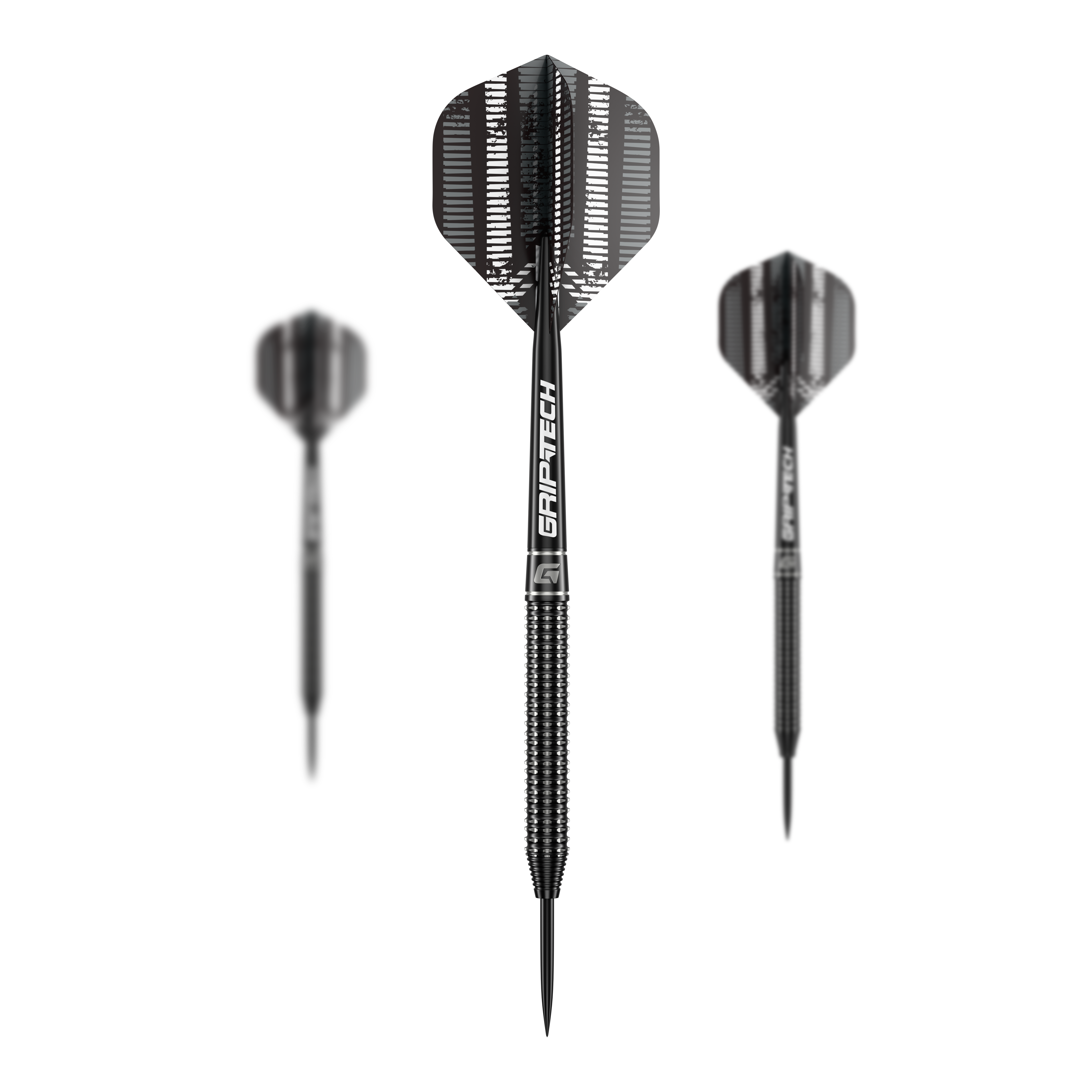 Dardos de acero de tungsteno GOAT Sprocket Das Bild zeigt drei schwarze Steeldarts mit der Aufschrift "GRIPTECH" auf den Schäften. Es handelt sich um das Produkt "GOAT Sprocket Tungsten Steeldarts".