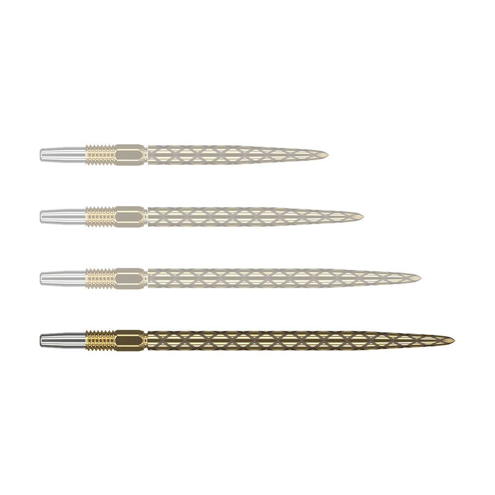 Puntas de dardos Target Swiss Diamond Pro Gold Das Bild zeigt vier goldfarbene Dartspitzen mit einem rautenförmigen Muster. Die Spitzen liegen parallel nebeneinander auf einem grünen Hintergrund.