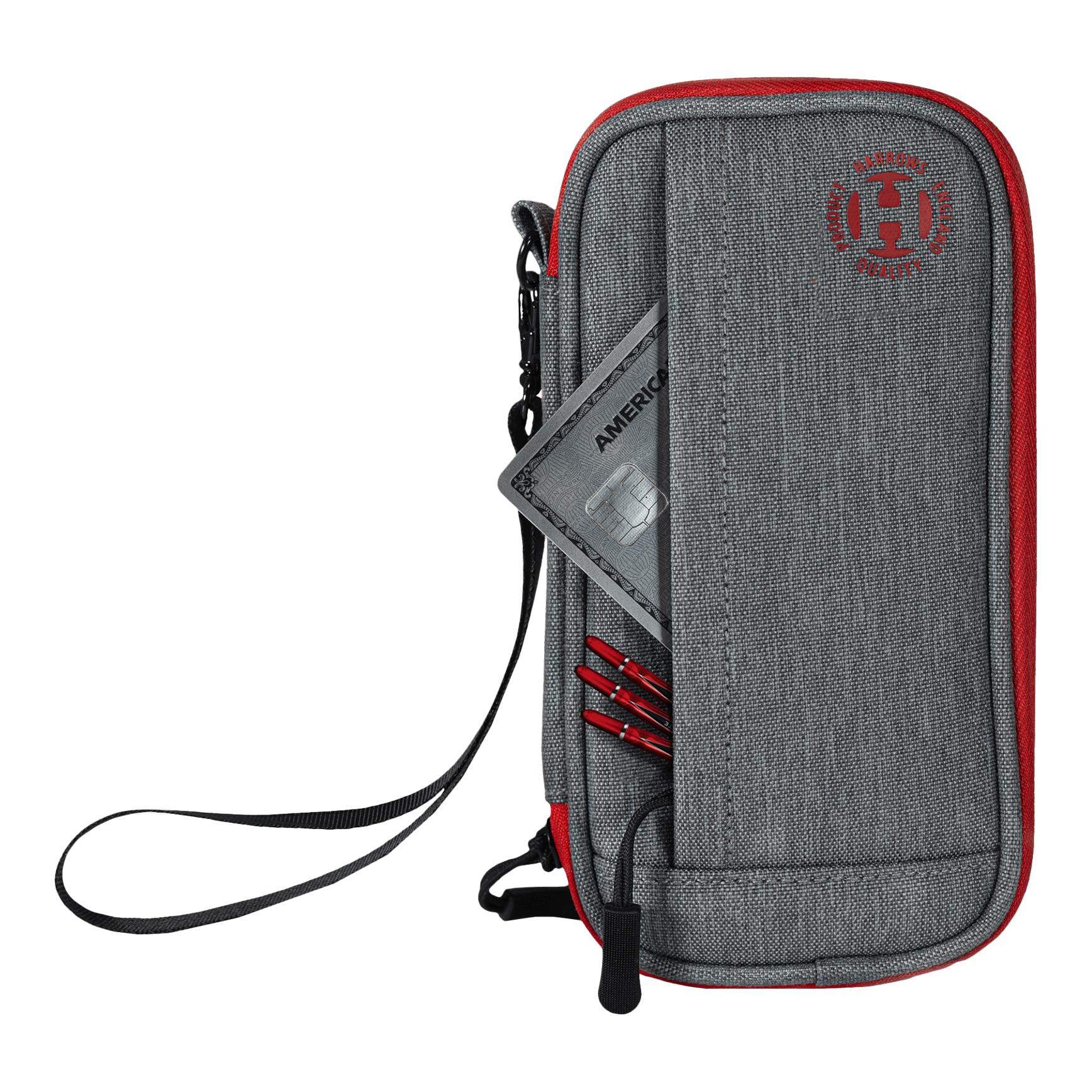 Cartera inteligente Harrows Dartcase Das Bild zeigt ein graues und rotes Dart-Etui mit einem Reißverschluss und einer Handschlaufe. In der Vordertasche stecken eine Kreditkarte und einige Dartspitzen.