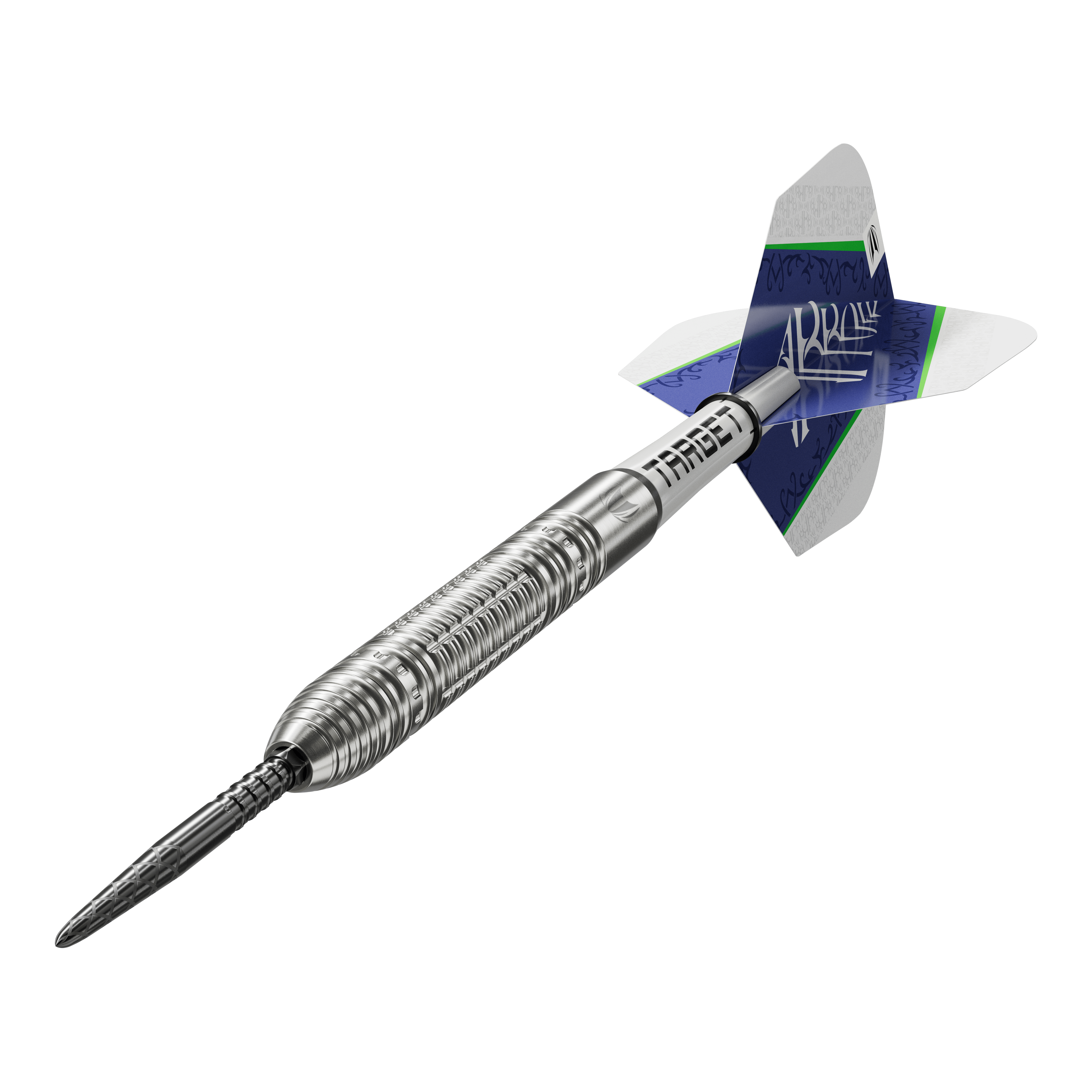 Dardos de acero Target Shane McGuirk GEN1 Swiss Point - 23 g Das Bild zeigt den Target Shane McGuirk GEN1 Swiss Point Steeldart mit einem Gewicht von 23g. Der Dart hat ein silbernes, geriffeltes Barrel und blaue Flights mit weiß-grünen Akzenten.