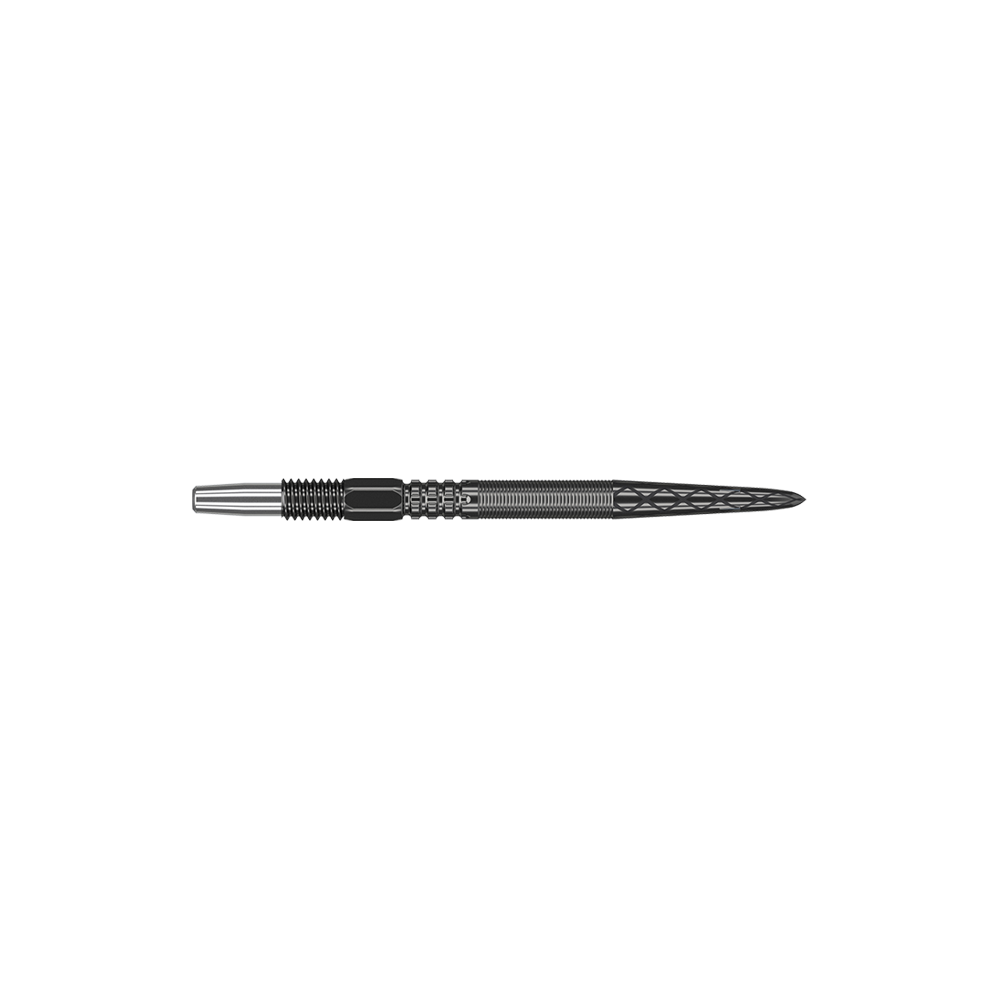 340052_Target_Swiss_Point_DX_Black_Dartspitzen_26mm_2 Das Bild zeigt eine schwarze Dartspitze mit feinen Rillen und Mustern. Sie ist schmal und hat ein modernes, metallisches Design.