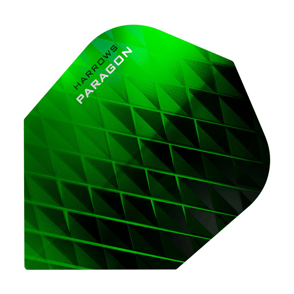 HR7600_Harrows_Paragon_Green_No2_Standard_Flights_1 Dies ist ein Harrows Paragon Green No2 Standard Flight. Er hat ein grünes, geometrisches Muster mit schwarzem Akzent.