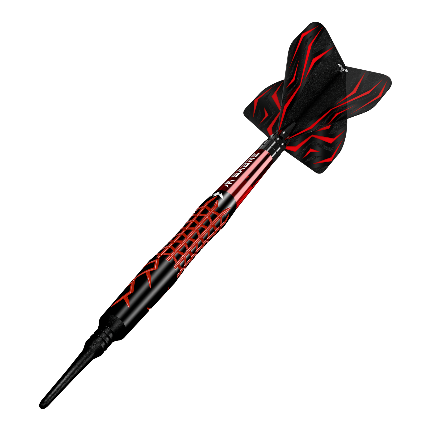Dardos blandos Mission Lava - 20 g Das Bild zeigt einen Mission Lava Softdart mit einem Gewicht von 20 Gramm. Der Dart ist in Schwarz und Rot gestaltet und hat ein modernes, auffälliges Design.