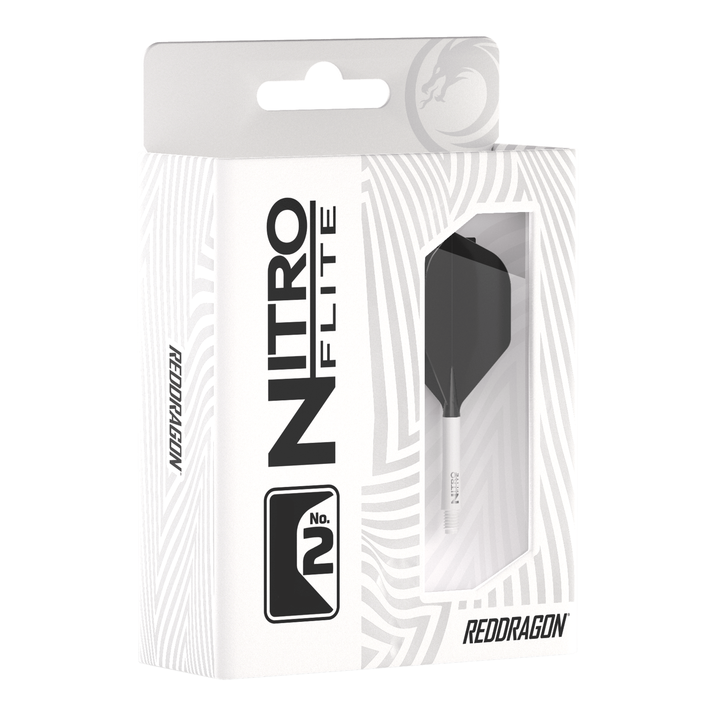 Red Dragon Nitroflite - Eje blanco, plumas negras nº 2 Die Abbildung zeigt die Produktverpackung des "Red Dragon Nitroflite" mit weißen Schäften und schwarzen No2 Flights. Die Packung ist überwiegend weiß gestaltet und hat ein Sichtfenster, durch das das Dart-Zubehör zu sehen ist.