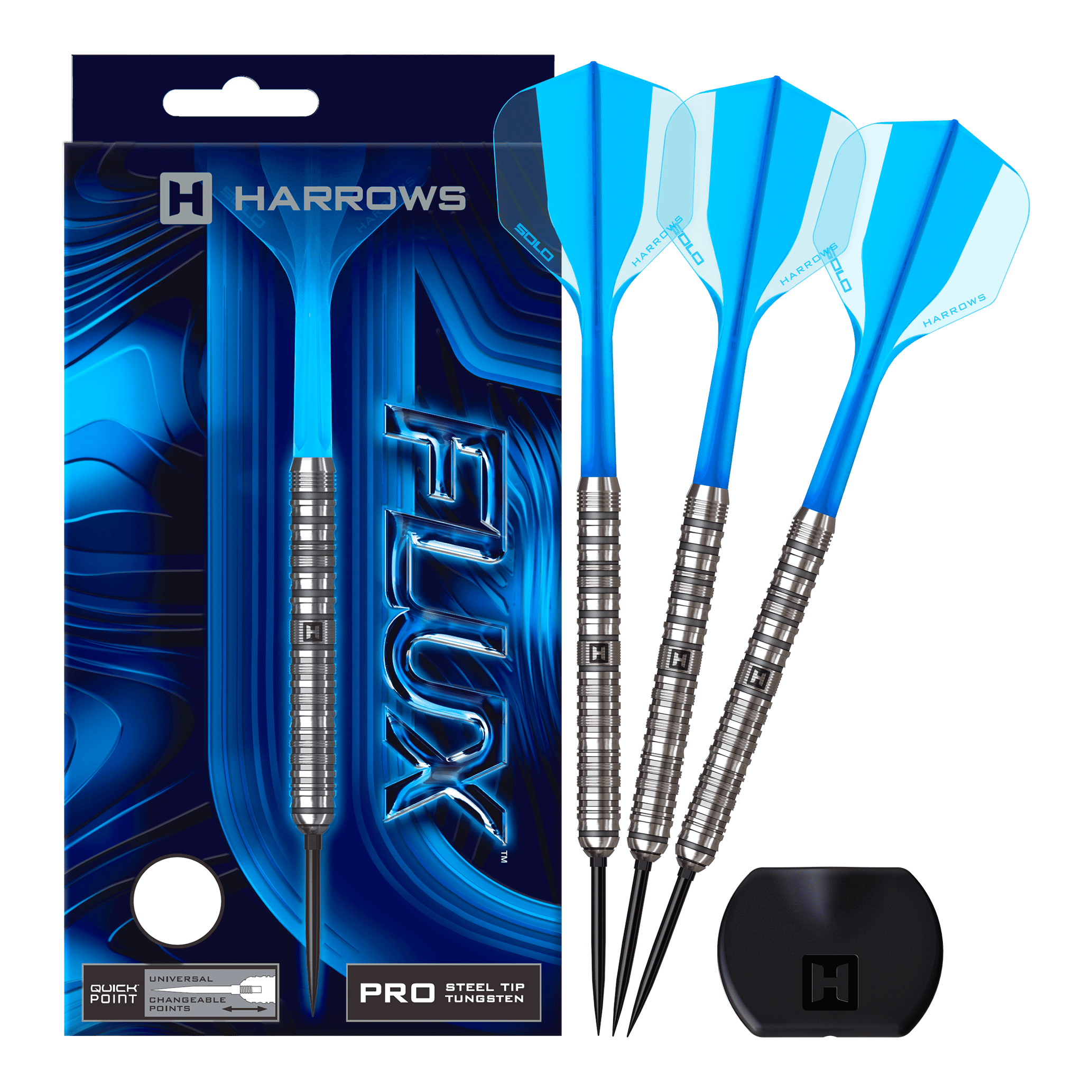 Harrows Flux Quick Point Steeldarts Das Bild zeigt einen Steeldartpfeil mit parallelem Schaft und einer präzisen Spitze. Der Dartpfeil liegt auf weißem Hintergrund.