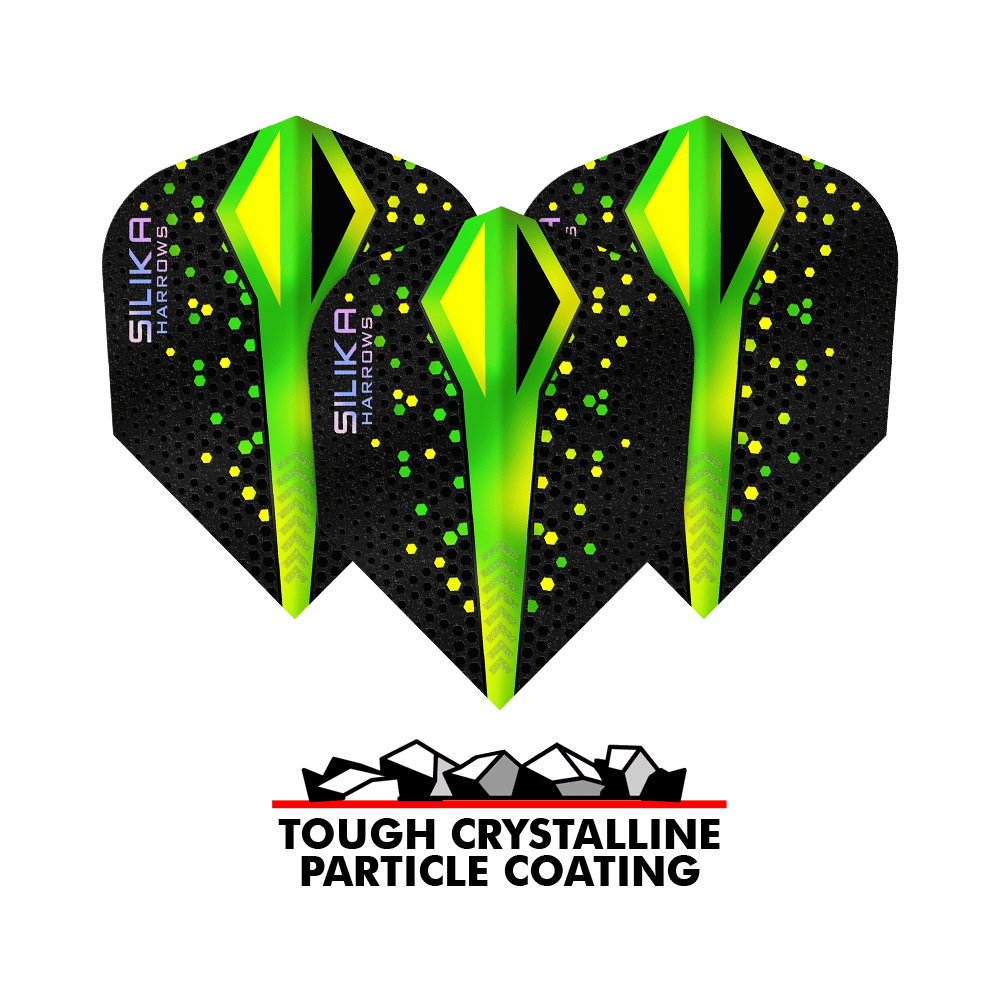 Plumas Harrows Silika Colourshift Tough Crystalline Coating Green No6 Auf dem Bild ist ein Set der Harrows Silika Colourshift Tough Crystalline Coating No6 Flights. Die Flights haben ein auffälliges Design.