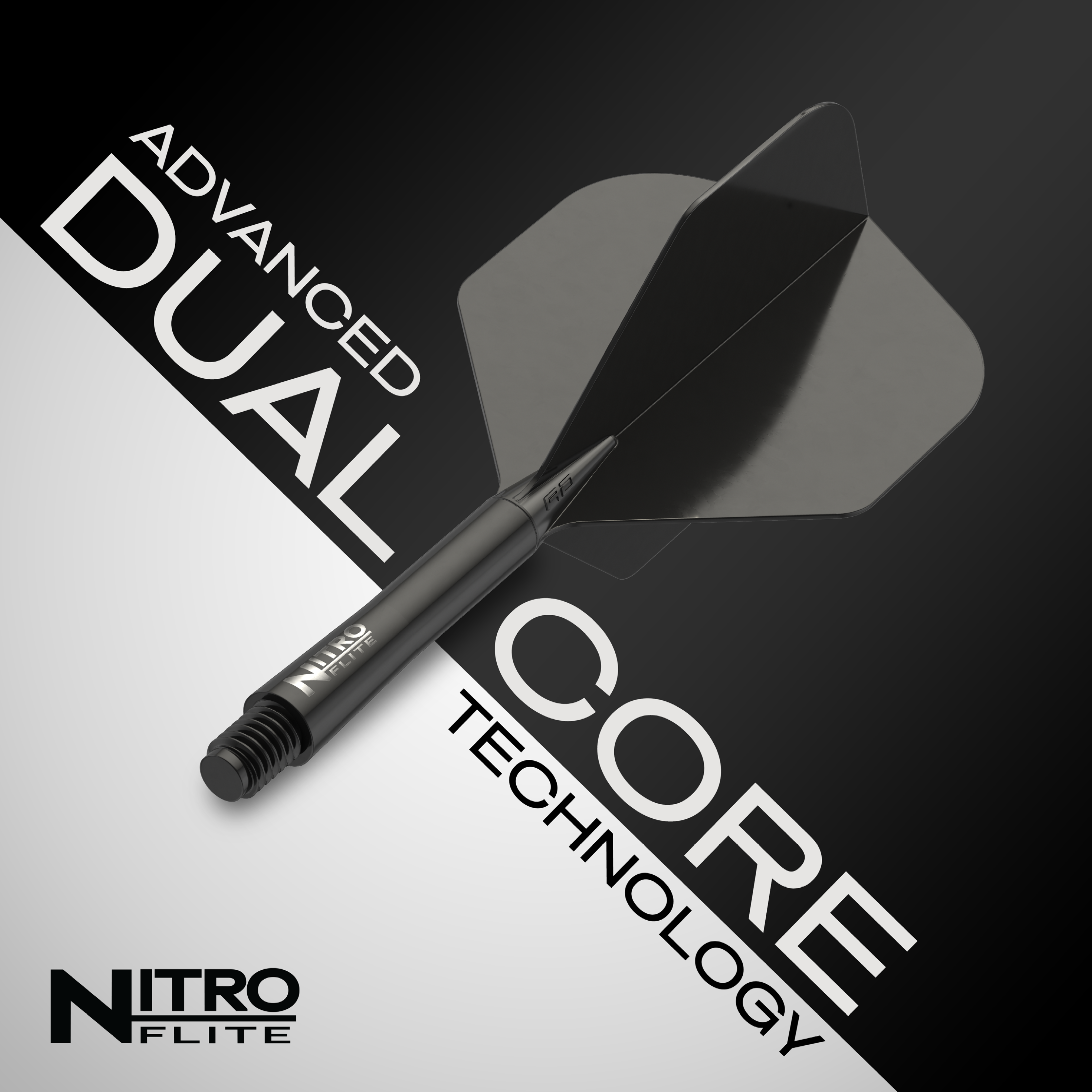 Red Dragon Nitroflite - Eje negro, plumas negras nº 2 Das Bild zeigt das Produkt "Red Dragon Nitroflite - Black Shaft Black No2 Flights". Es hebt die fortschrittliche Dual-Core-Technologie hervor.
