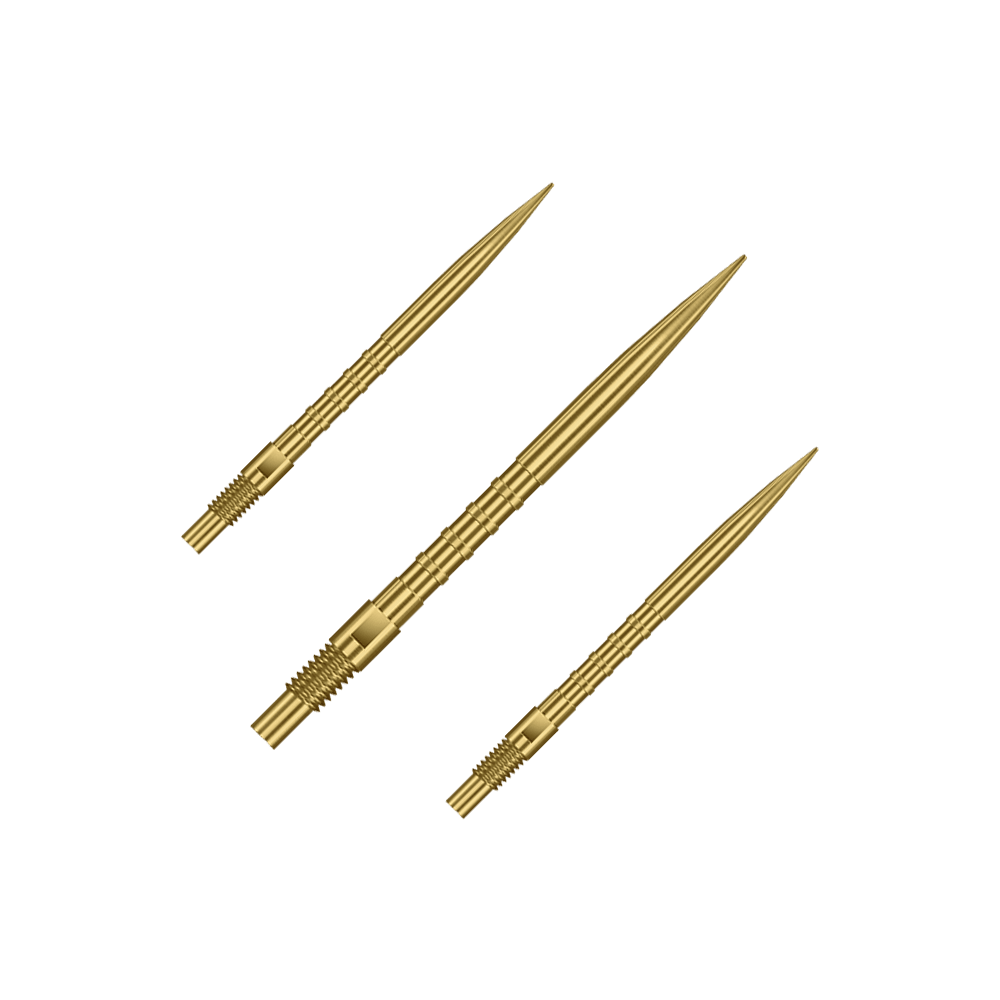 Puntas de dardos Harrows Quick Point Heavy Metal - Doradas Das Bild zeigt ein Set aus goldenen Dartspitzen mit 30mm Länge. Es sind Harrows Quick Point Heavy Metal Grip Dartspitzen Gold 30mm im Set.