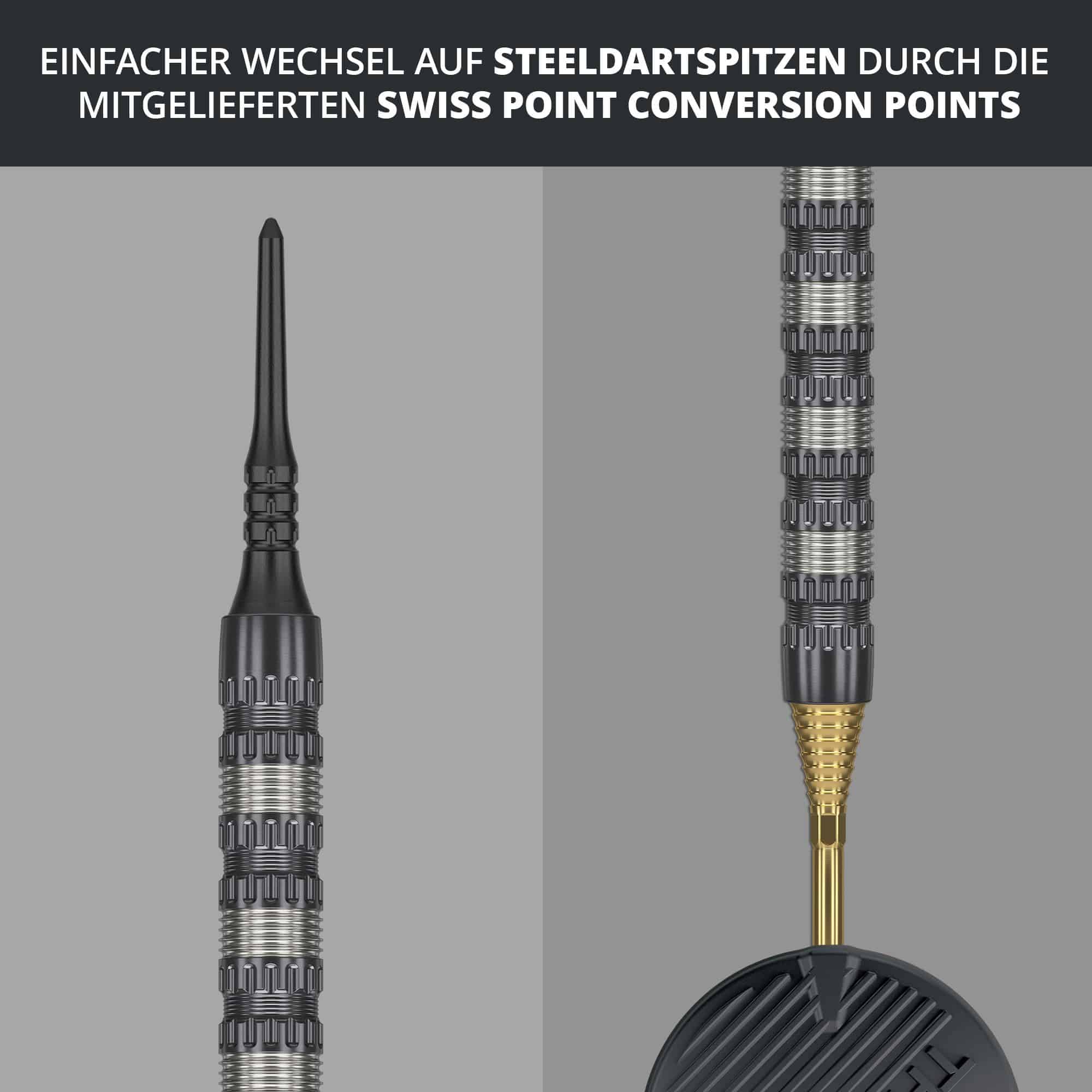 Dardos Target Rob Cross 95K Swiss Point Soft - 18 g Das Bild zeigt den Target Rob Cross 95K Swiss Point Softdart mit 18g Gewicht. Es wird darauf hingewiesen, dass ein einfacher Wechsel auf Steeldartspitzen durch die mitgelieferten Swiss Point Conversion Points möglich ist.