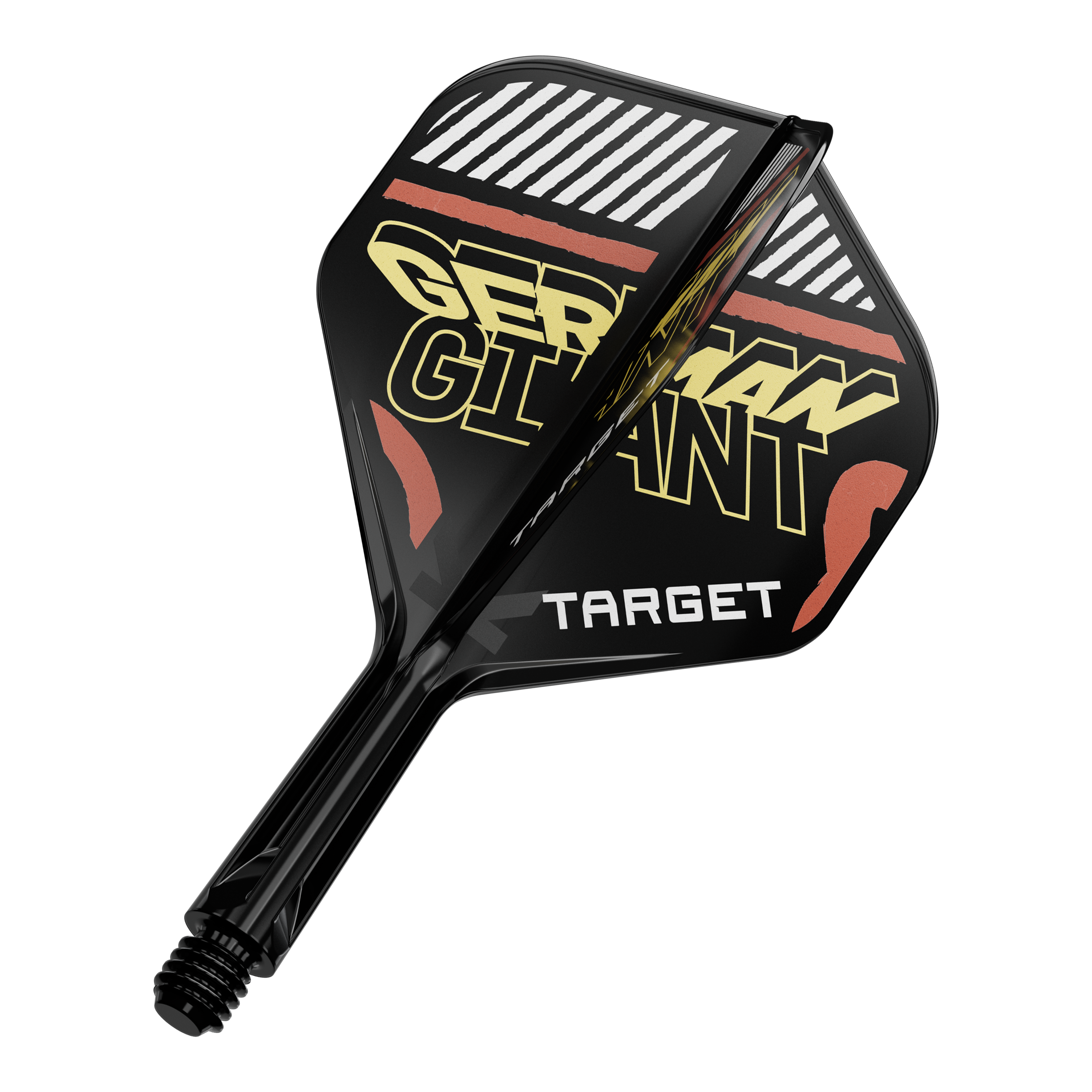 Sistema de eje de vuelo estándar Target K-Flex Gabriel Clemens No2 Das Bild zeigt eine schwarze Dartflügel- und Schaftkombination mit der Aufschrift "GERMAN GIANT" und "TARGET". Die Farben sind hauptsächlich Schwarz, Gelb und Rot.