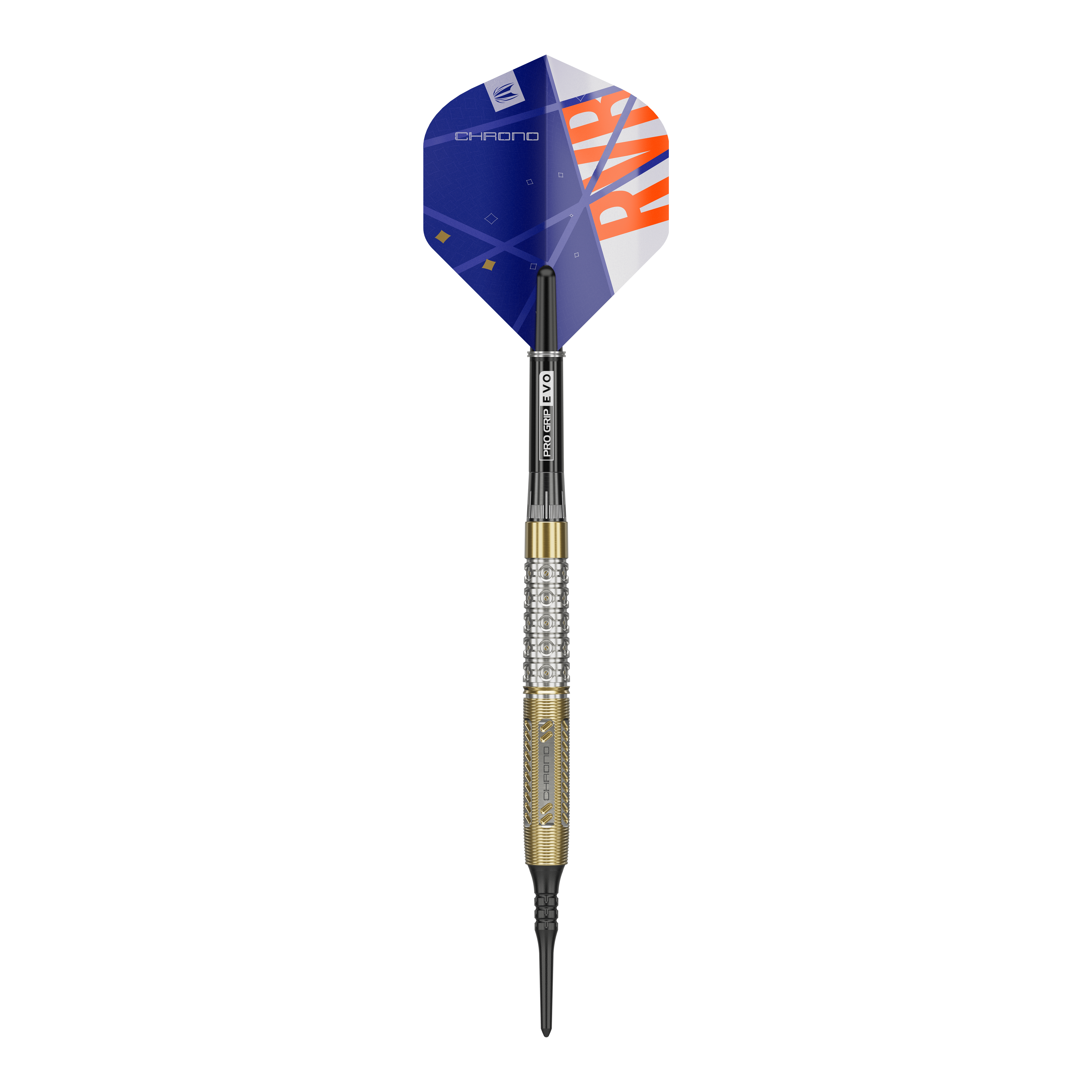 Target Raymond Van Barneveld Chrono 95 dardos blandos Der Target Raymond Van Barneveld Chrono 95 Softdart ist auf dem Bild zu sehen. Der Dart hat eine goldene und silberne Griffzone sowie blaue Flights mit orangenem Aufdruck.