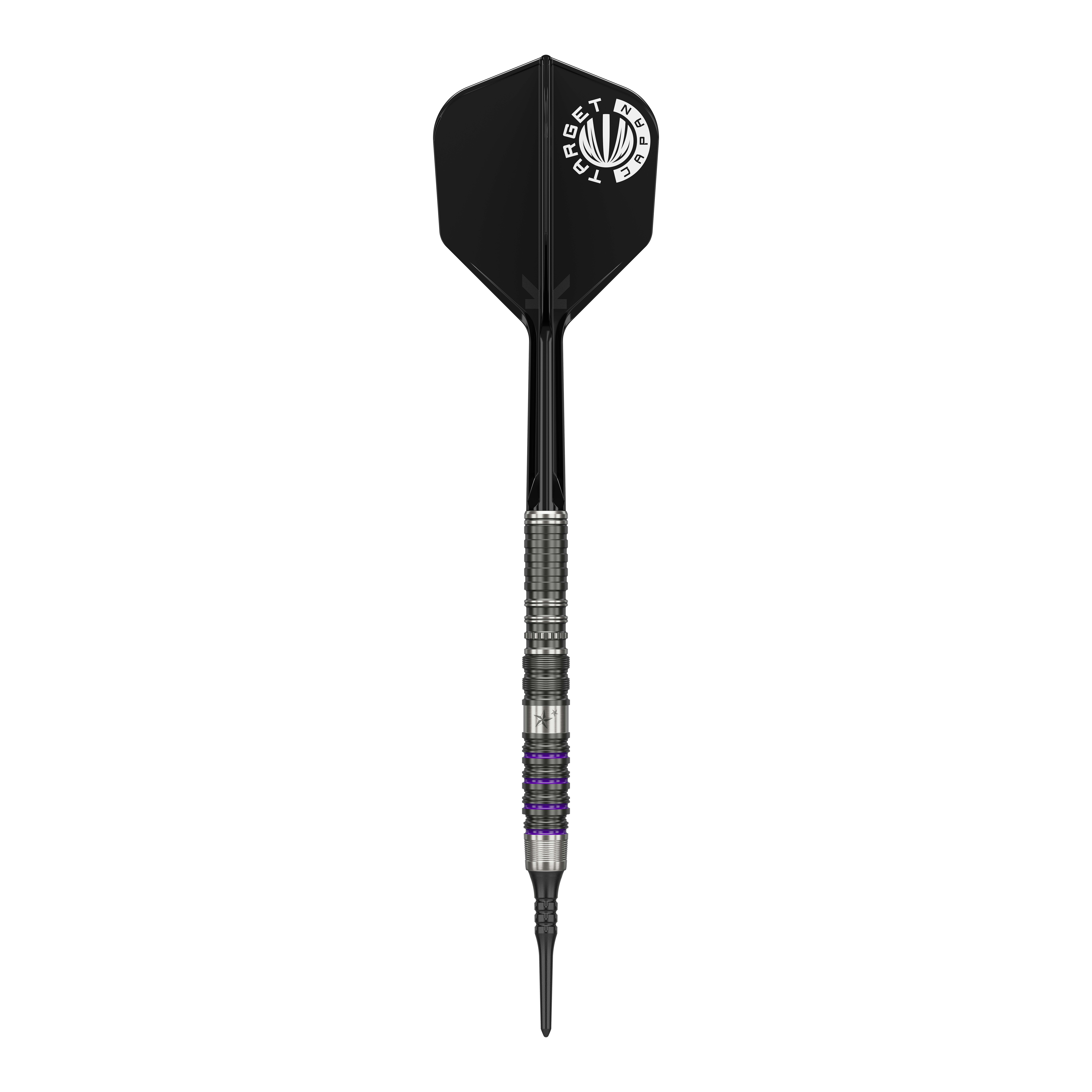 Dardos blandos Target Japan Prime Series Yuta Hayashi Sirius GEN3 MAX - 21,5 g Das Bild zeigt einen Softdart aus der Target Japan Prime Series, Modell Yuta Hayashi Sirius GEN3 MAX mit einem Gewicht von 21,5g. Der Dart hat ein silbernes Griffstück mit schwarzen und lila Akzenten sowie eine schwarze Flight mit weißem Aufdruck.