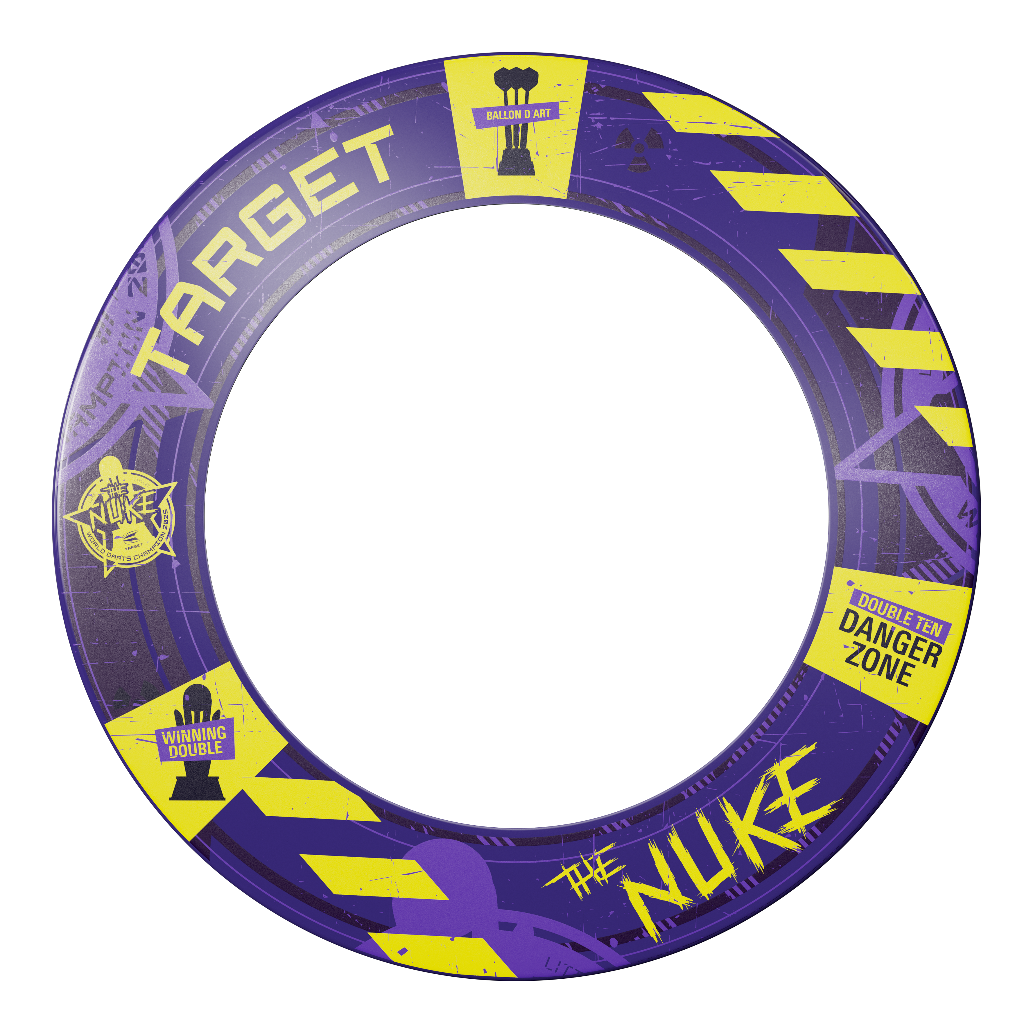 Das Bild zeigt den "Target Luke Littler World Champion 2025 Surround Tor Steeldartboard Bundle". Der Surround ist lila mit gelben Akzenten und auffälligen Schriftzügen wie "The Nuke" und "Danger Zone".