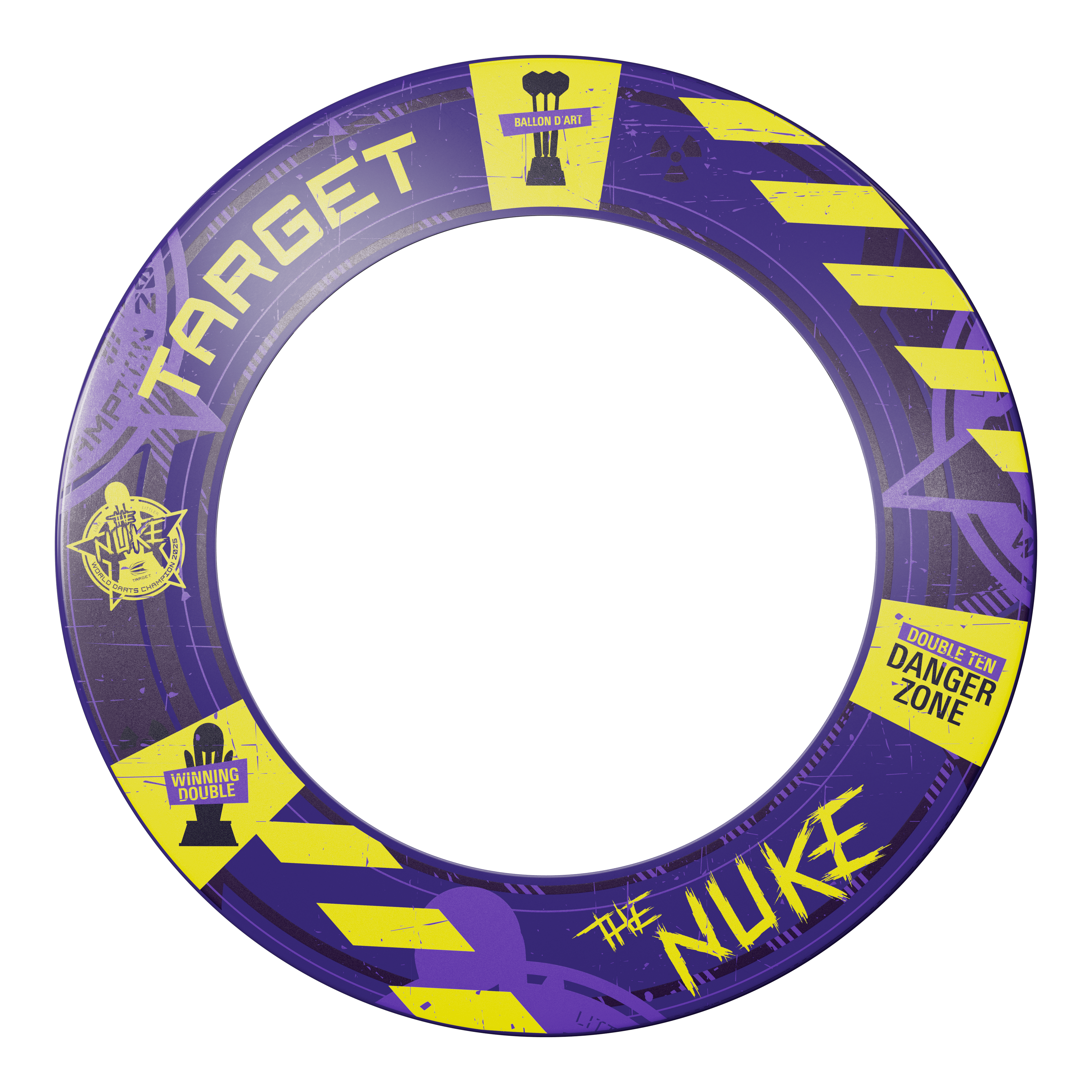 Paquete de diana de dardos de acero con forma de objetivo envolvente, campeón mundial Luke Littler 2025 Das Bild zeigt den "Target Luke Littler World Champion 2025 Surround Tor Steeldartboard Bundle". Der Surround ist lila mit gelben Akzenten und auffälligen Schriftzügen wie "The Nuke" und "Danger Zone".