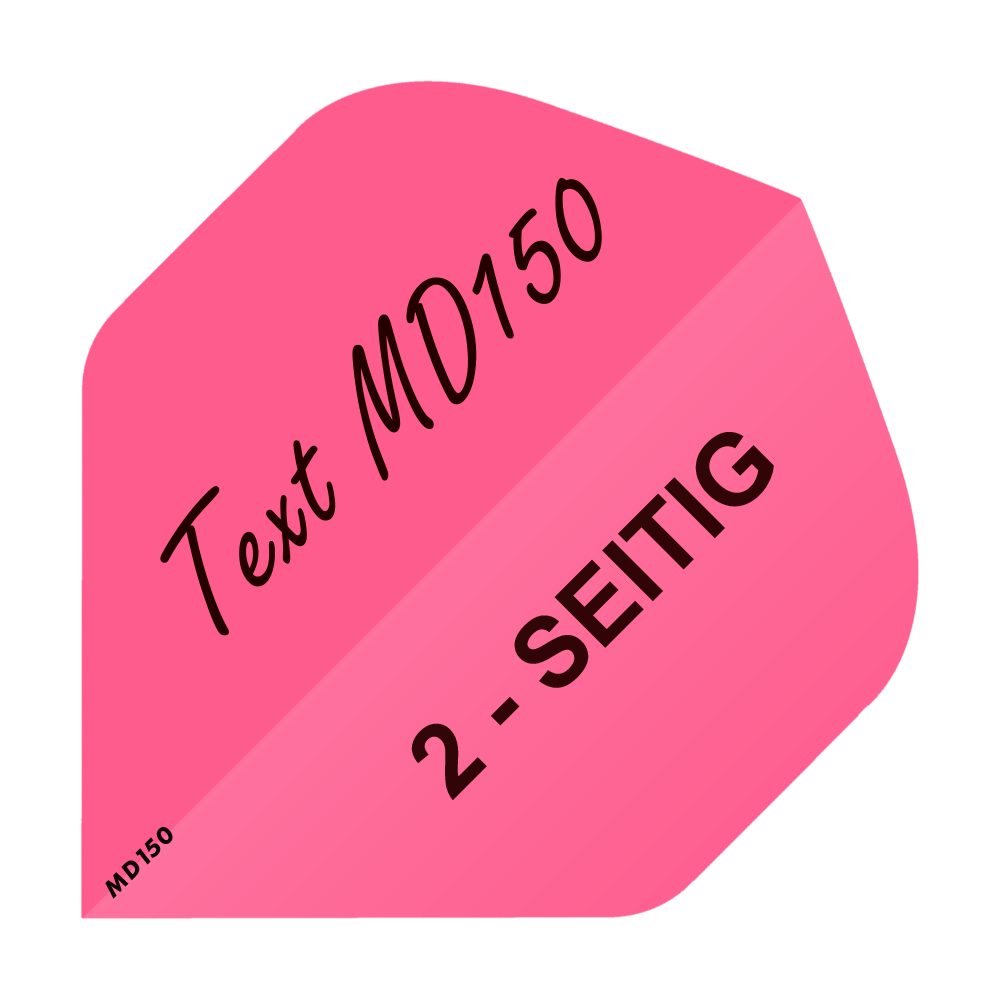 MD-202_2-Seitig_Bedruckte_Flights_Wunschtext_MD150_Pink_Standard_1 Das Bild zeigt einen pinken Dart Flight mit der Aufschrift "Text MD150" und "2-SEITIG". Es handelt sich um einen bedruckten Standard-Flight, der auf beiden Seiten personalisiert werden kann.