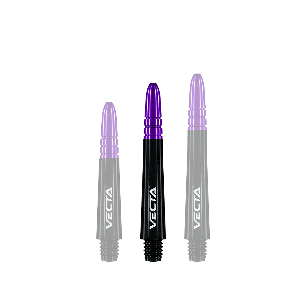 Winmau Vecta Shafts - Schwarz Lila Auf dem Bild sind drei Dartschäfte in Schwarz und Lila zu sehen. Sie haben die Aufschrift "Vecta" und sind unterschiedlich lang.