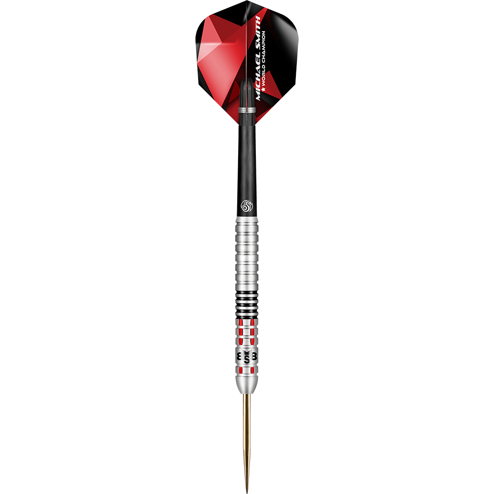 Shoto Michael Smith Lograr Dardos De Acero Auf dem Bild ist ein Steeldartpfeil mit einem silbernen, schwarzen und roten Design zu sehen. Am Dartflight steht der Name "Michael Smith" und "World Champion".