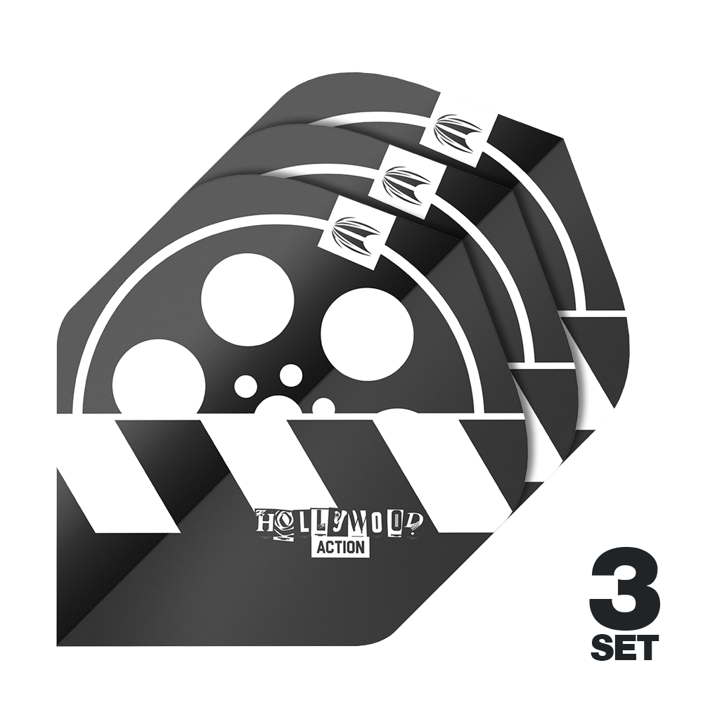 Target Pro Ultra Chris Dobey Hollywood Action No2 Vuelos Estándar - 3 Juegos Das Bild zeigt drei Sätze Target Pro Ultra Chris Dobey Hollywood Action No2 Standard Flights für Dartpfeile. Das Design ist schwarz-weiß mit einem Filmrollen- und Klappenmotiv sowie der Aufschrift "Hollywood Action".