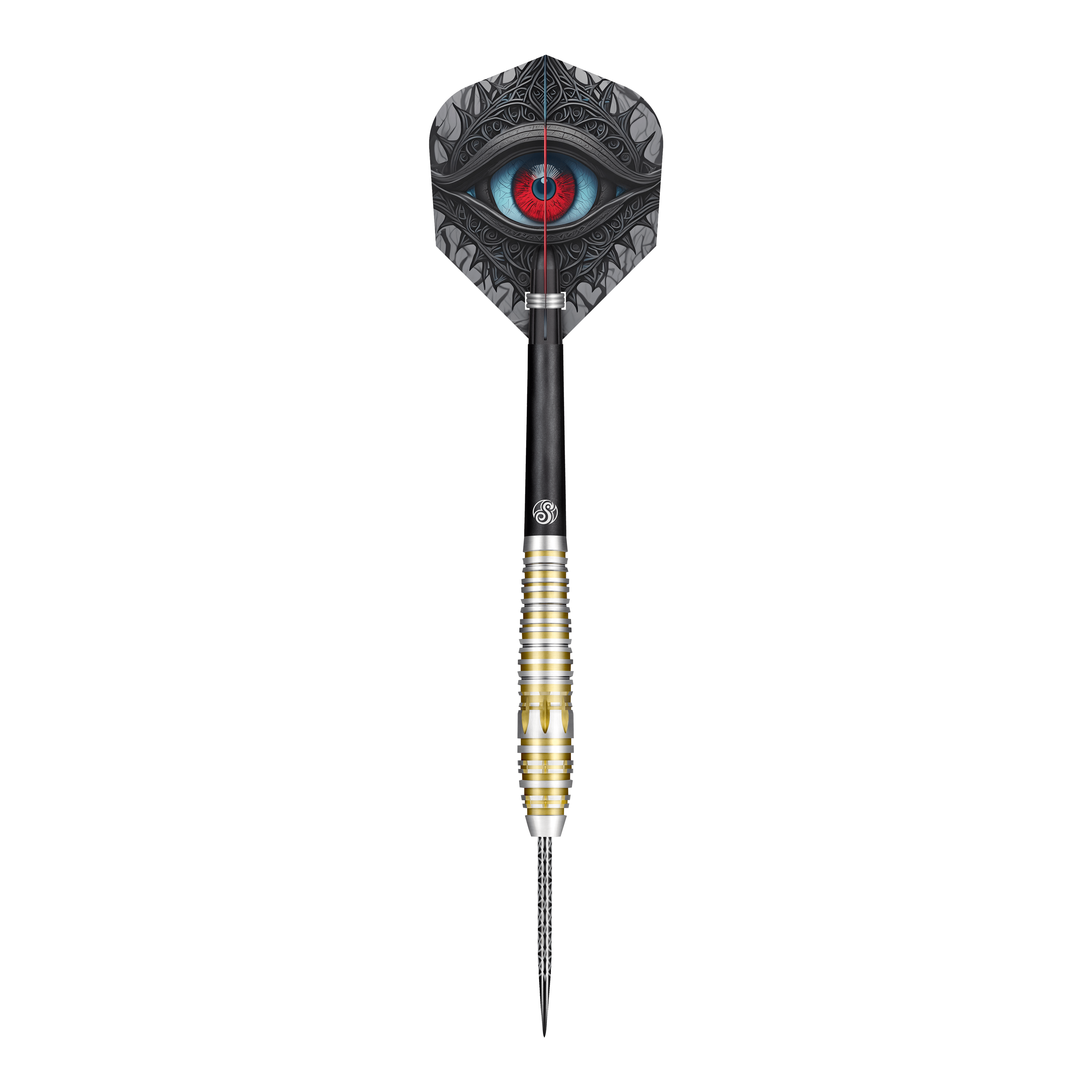 Dardos de acero Shot Celt Balor Dieses Bild zeigt einen Steeldartpfeil des Produkts "Shot Celt Balor Steeldarts". Auf dem Flight ist ein auffälliges Auge in blauen und roten Farbtönen abgebildet.