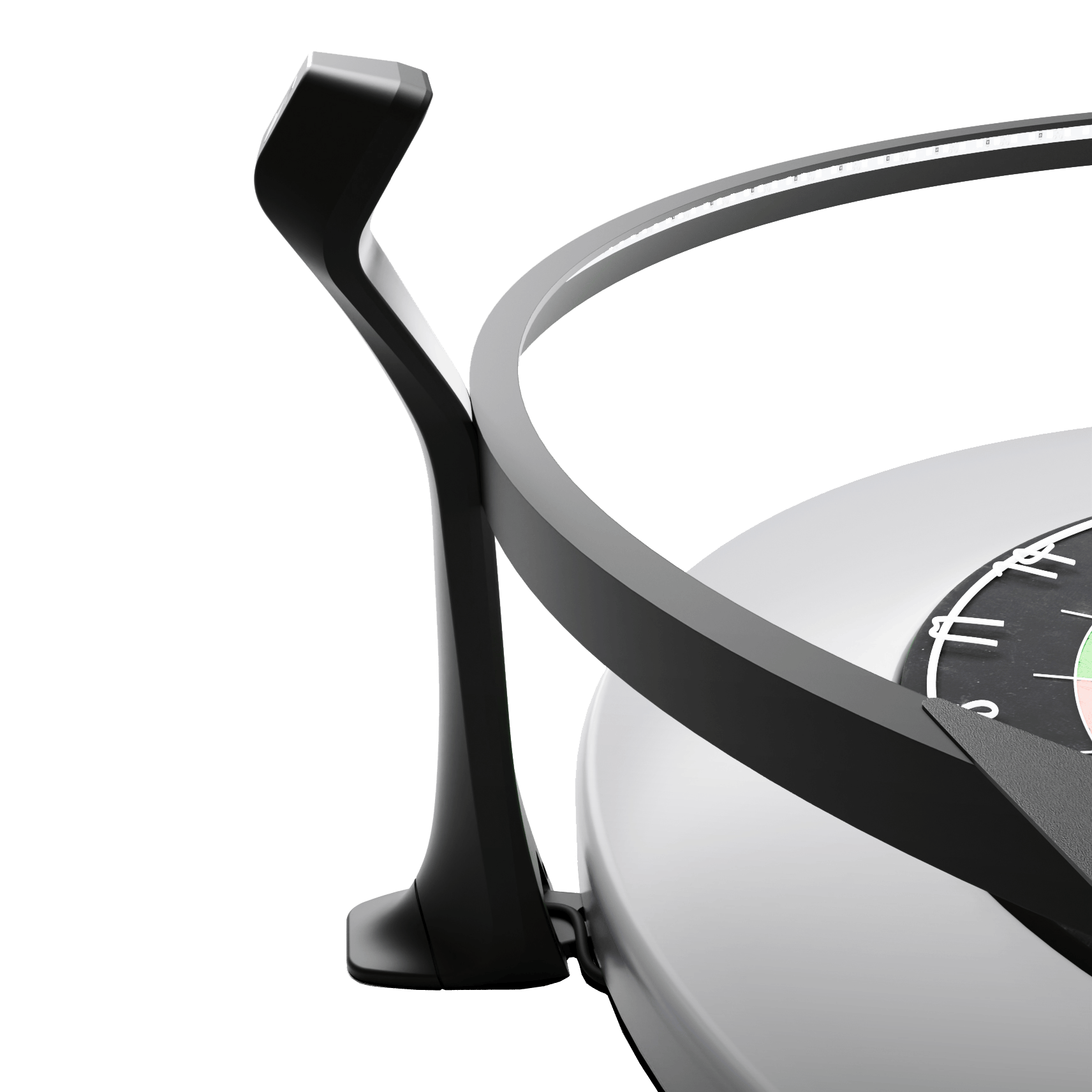 Scolia Home 2 FLEX - Sistema electrónico de puntuación automática con anillo de iluminación 2026 Das Bild zeigt einen Teil des Scolia Home 2 FLEX, einem elektronischen Score-System mit Beleuchtungsring. Man sieht den schwarzen Befestigungsarm und den beleuchteten Ring rund um ein Dartboard.