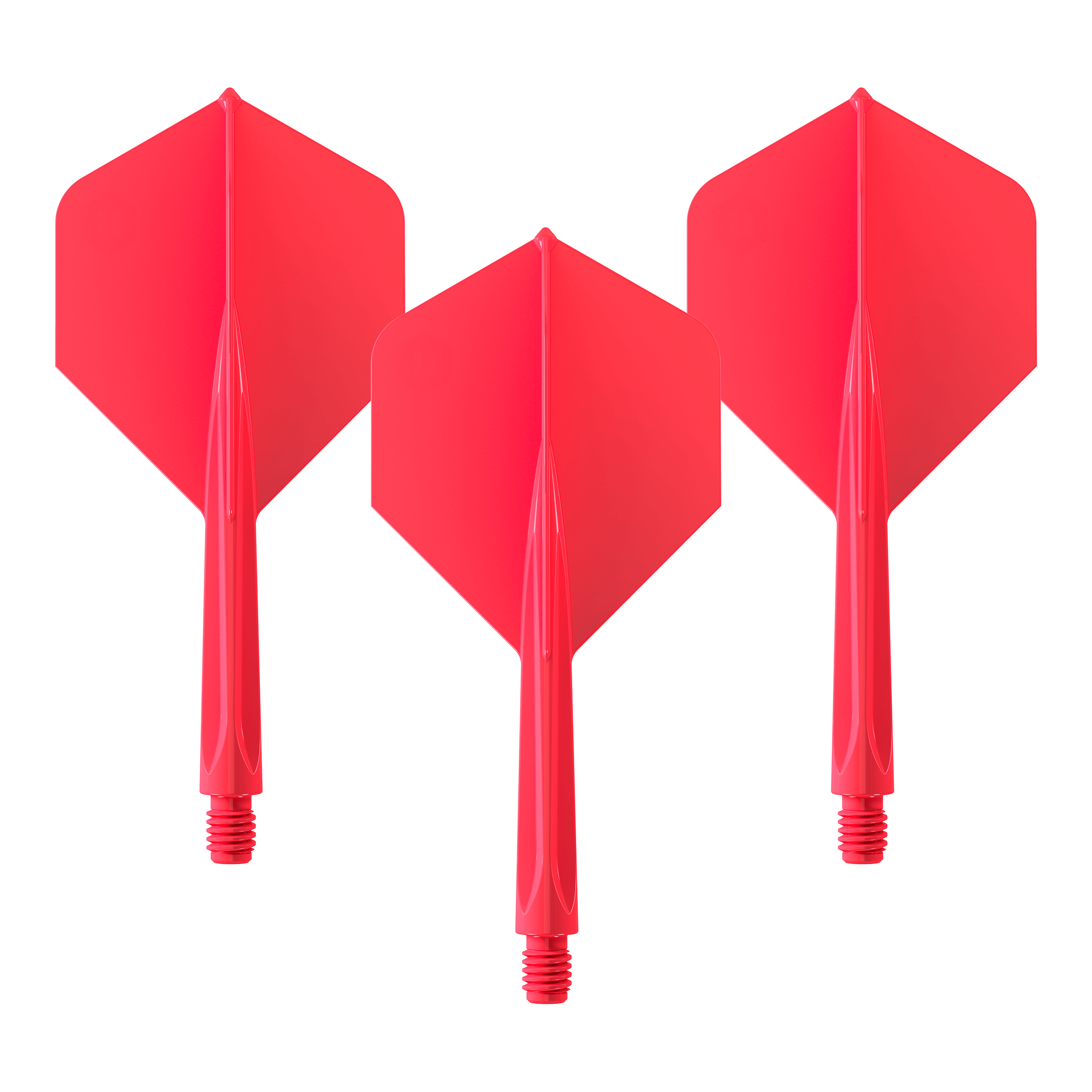 Das Bild zeigt drei rote Dartflights mit integriertem Schaft. Es handelt sich um das Produkt "Unicorn Forge All In One Plus No2 Standard Flights Rot - Medium".