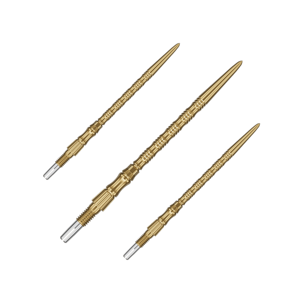 Puntas de dardo de acero Target Signature Swiss Point TRB - doradas Das Bild zeigt ein Set goldener Dartspitzen mit 42mm Länge. Die Spitzen sind Target SwissPoint Signature TRB Dartspitzen.