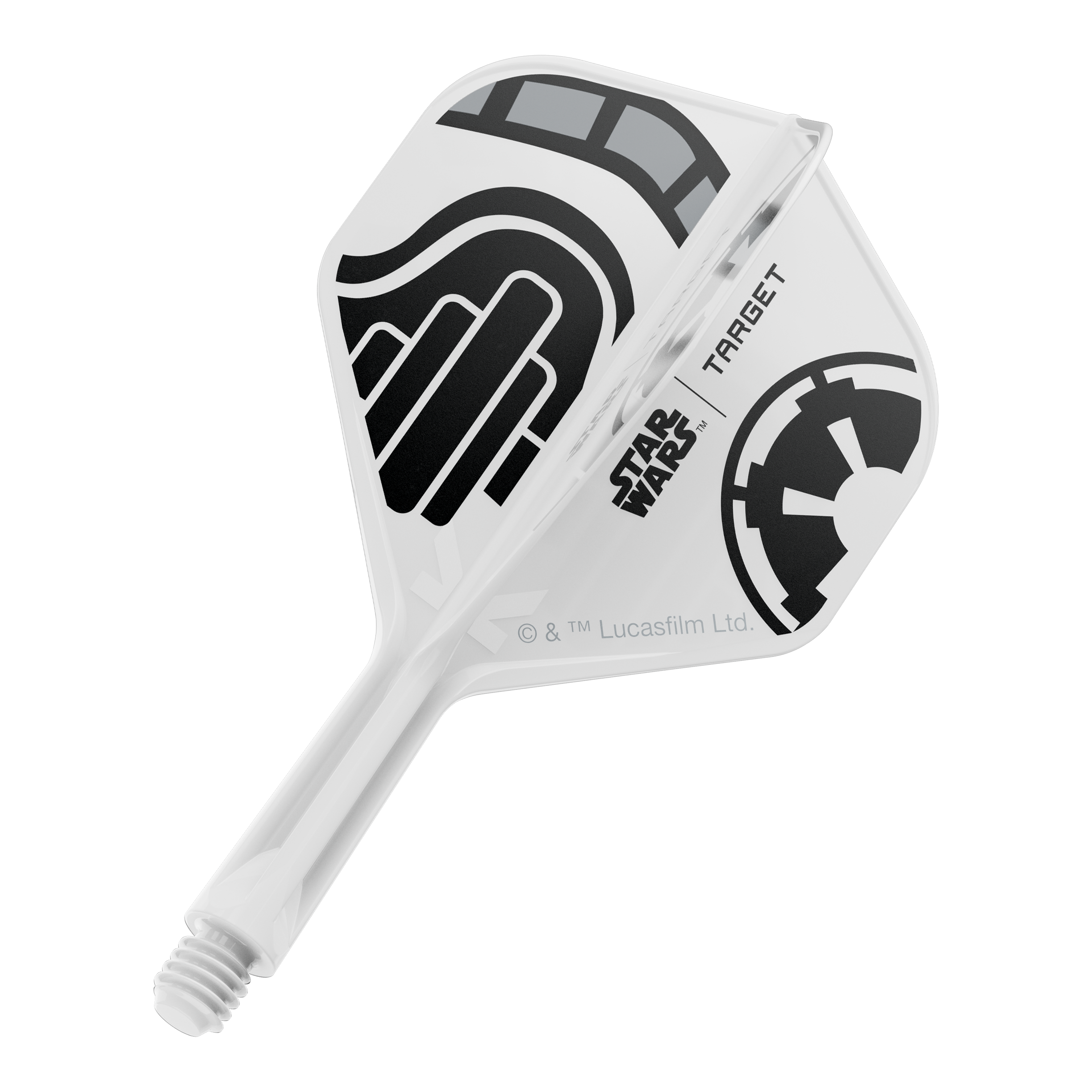 Target Star Wars K-Flex Stormtrooper No. 2 Vuelos Estándar Das Bild zeigt einen kurzen Dartflügel mit dem Dateinamen 'Stormtrooper No2 Standard Flights Short 19mm 1'. Das Design ist inspiriert von der Star Wars Stormtrooper Optik.