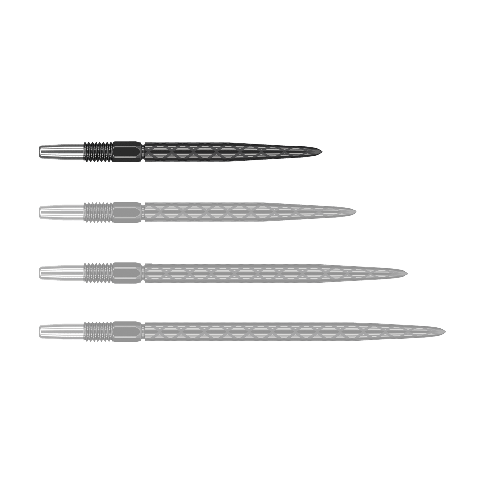 Puntas de dardos Target Swiss Diamond Pro Black Points Auf dem Bild sind vier schwarze Dartspitzen mit silbernem Gewinde zu sehen. Die Spitzen haben ein rautenförmiges Muster auf der Oberfläche.