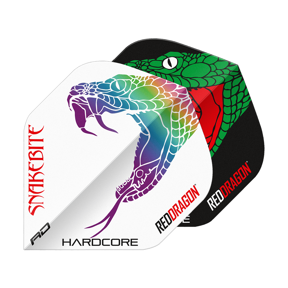 Vuelos estándar Red Dragon Peter Wright Snakebite Black White Yin Yang Das Bild zeigt zwei Dart-Flights mit auffälligen Schlangenmuster-Designs in Schwarz und Weiß. Auf beiden Flights stehen die Wörter "Snakebite" und "Red Dragon".