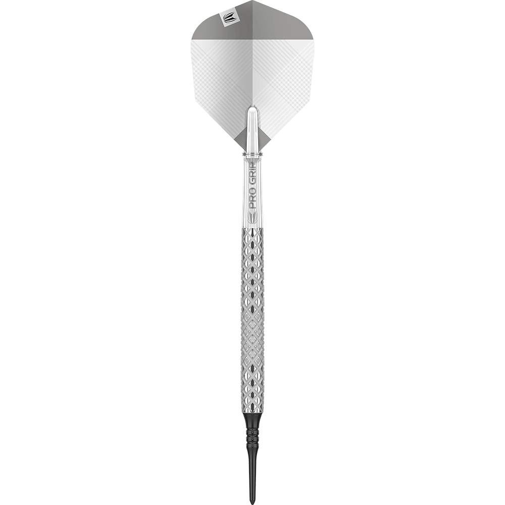 Dardos blandos Target Nastri 11 Das Bild zeigt einen Target Nastri 11 Softdart. Der Dartpfeil hat ein silbernes Design mit einer strukturierten Griffzone und einer schwarzen Kunststoffspitze.