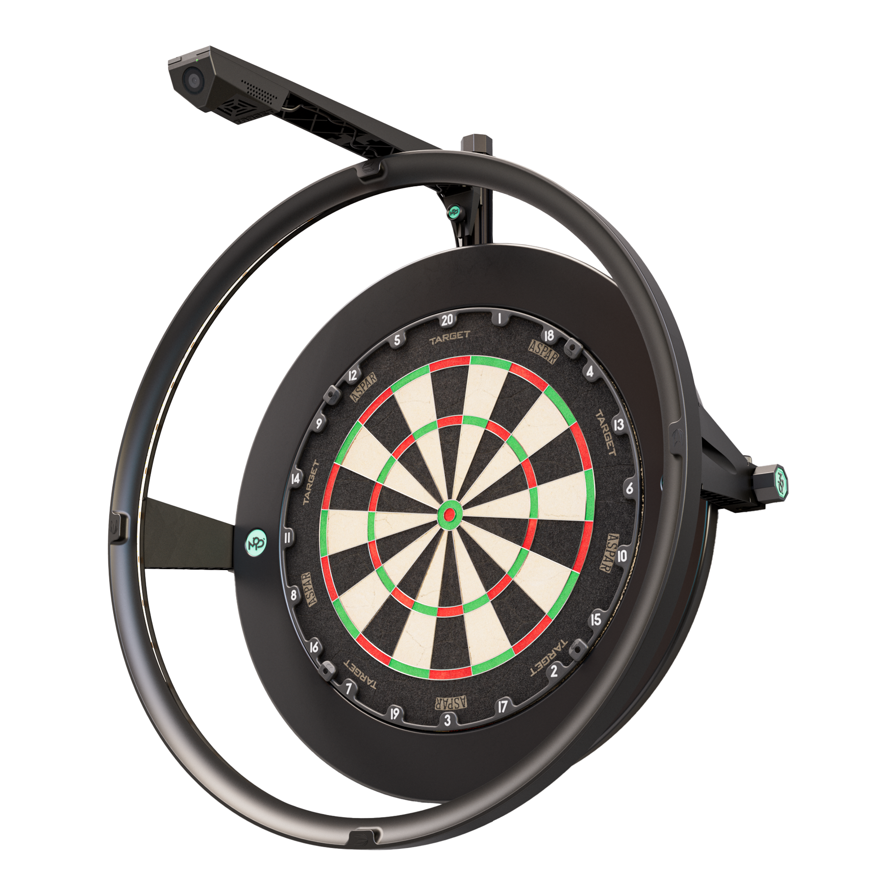 Cámara Target VIRT Das Bild zeigt das Produkt "Target VIRT Kamera", das eine Dartscheibe mit einer integrierten Kamera darstellt. Die Kamera ist oberhalb der runden Einfassung der Dartscheibe montiert.