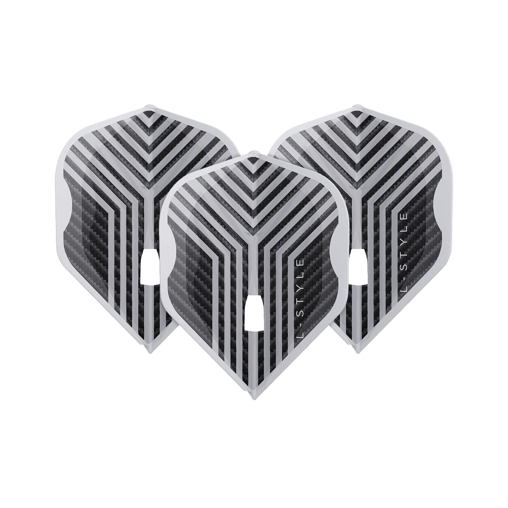 Ein Set L-Style Arno Merk V1 Clear White L1PRO Flights ist vollständig zu sehen. Die Flights sind in transparenter Optik gehalten.