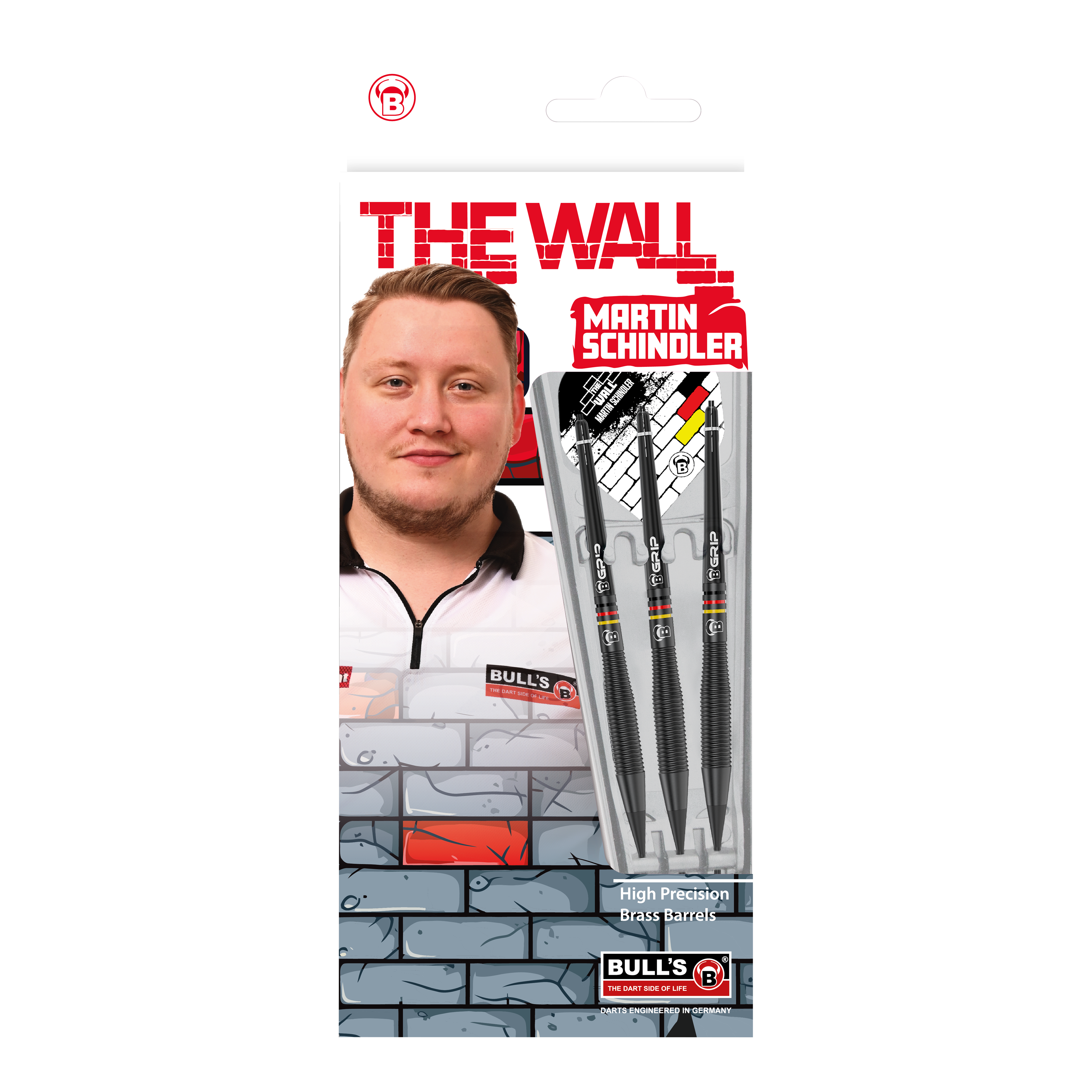Das Bild zeigt die Verpackung der "Bulls Martin Schindler The Wall Black Brass Softdarts - 18g". Auf der Verpackung ist ein Foto von Martin Schindler sowie drei schwarze Softdarts zu sehen.
