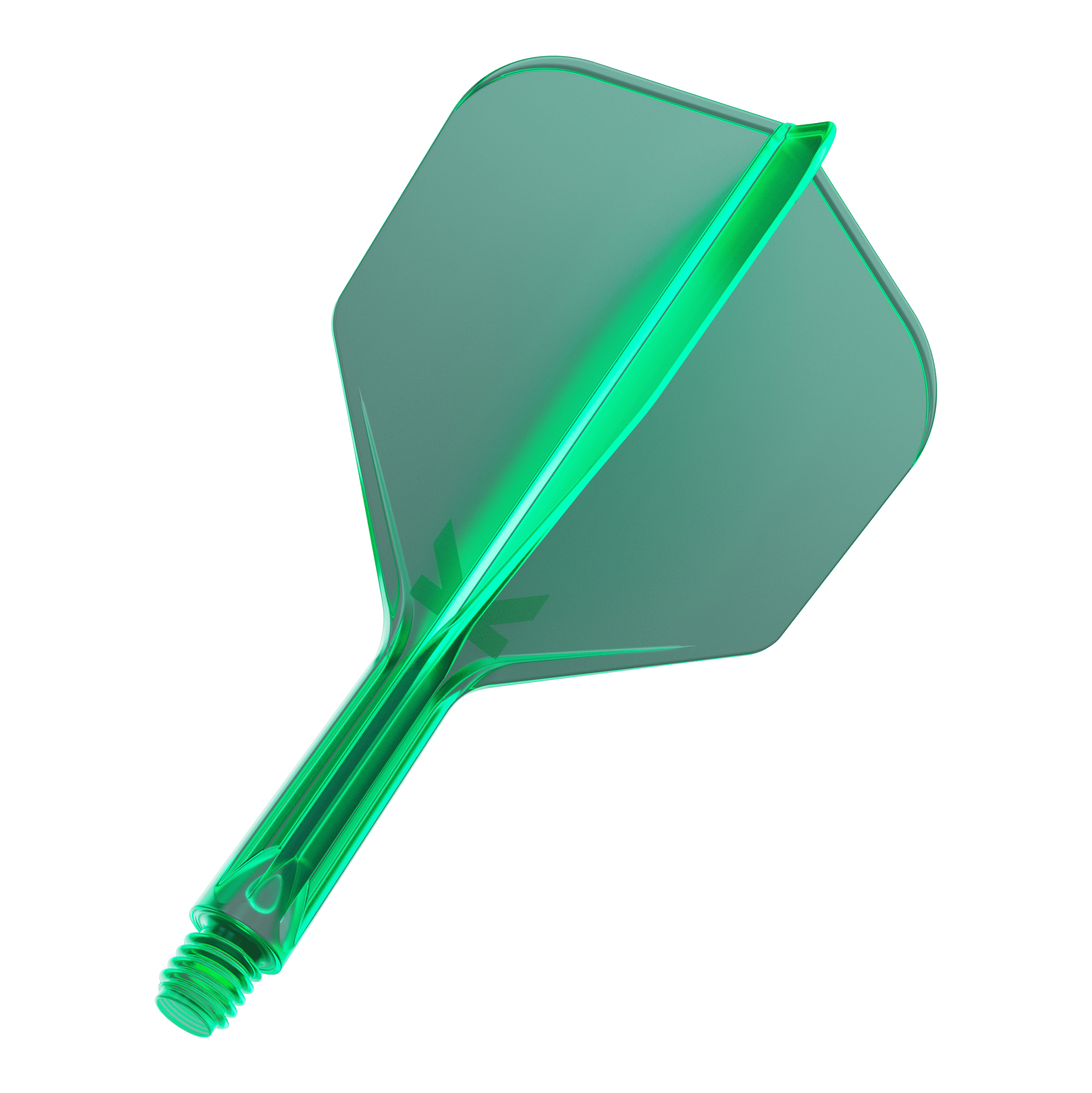 Das Bild zeigt eine grüne Dart-Flügel- und Schaft-Kombination. Das Material wirkt transparent und hat eine glatte Oberfläche.
