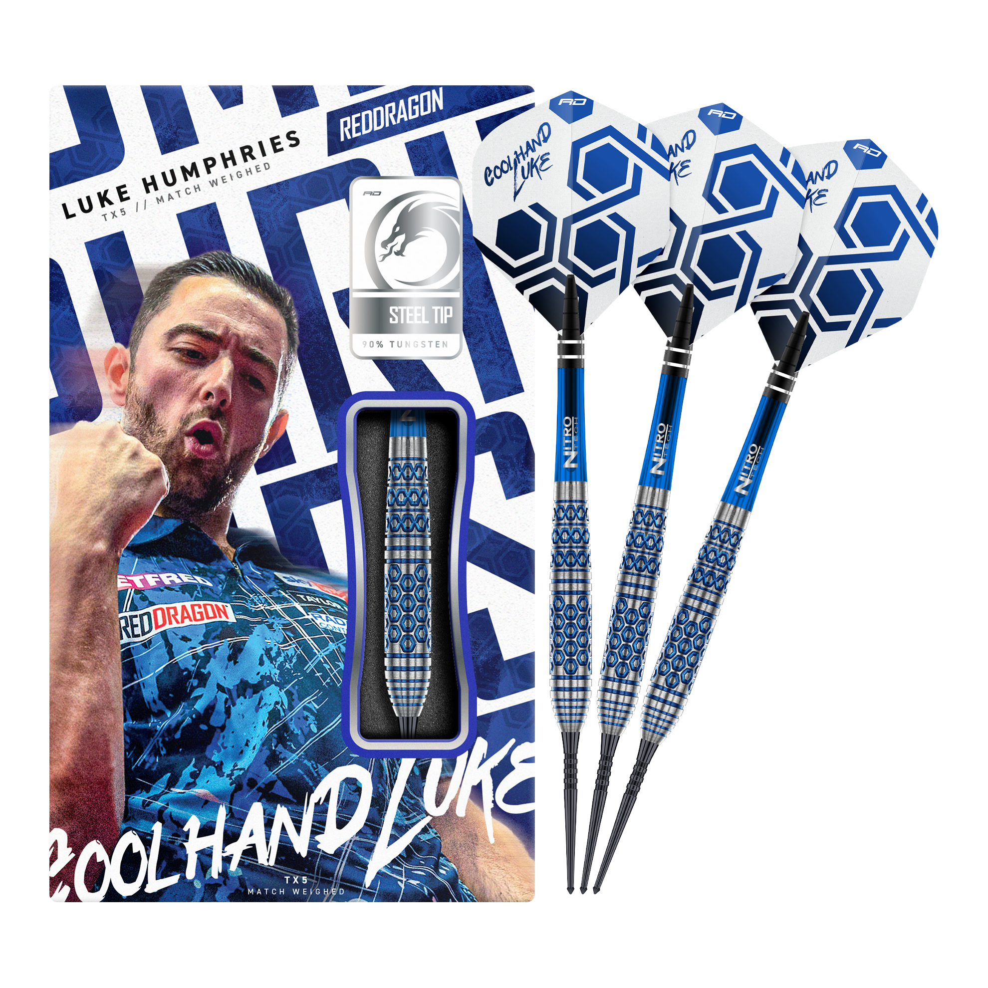 Dardos de acero Red Dragon Luke Humphries TX5 Auf dem Bild ist das vollständige Set der Red Dragon Luke Humphries TX5 Steeldarts zu sehen. Die Steeldarts werden in ihrer Gesamtheit präsentiert.