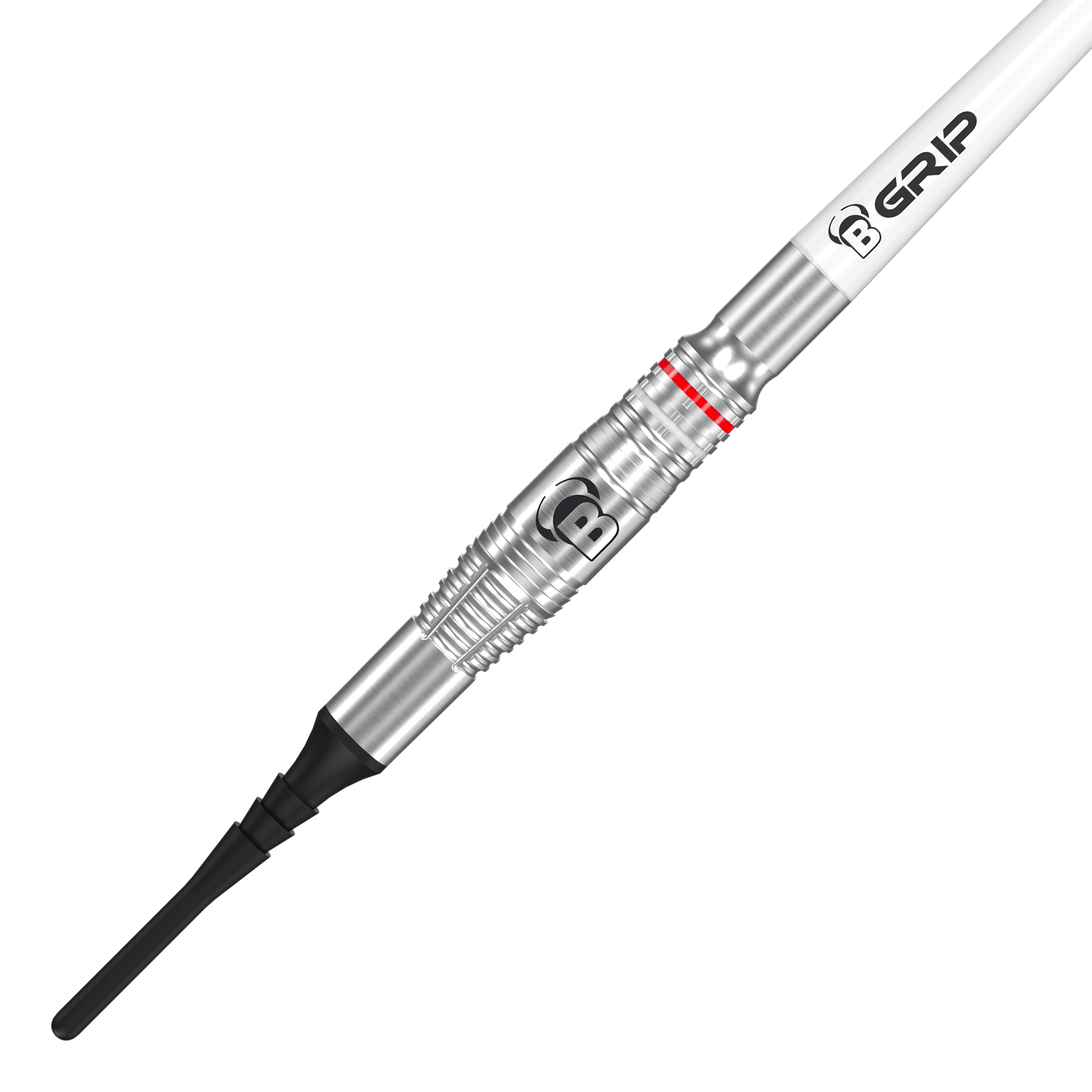Das Bild zeigt einen Bulls Niko Springer Softdart mit einem Gewicht von 22g. Der Dart hat eine silberne Metallspitze und einen weißen Schaft mit der Aufschrift "B GRIP".