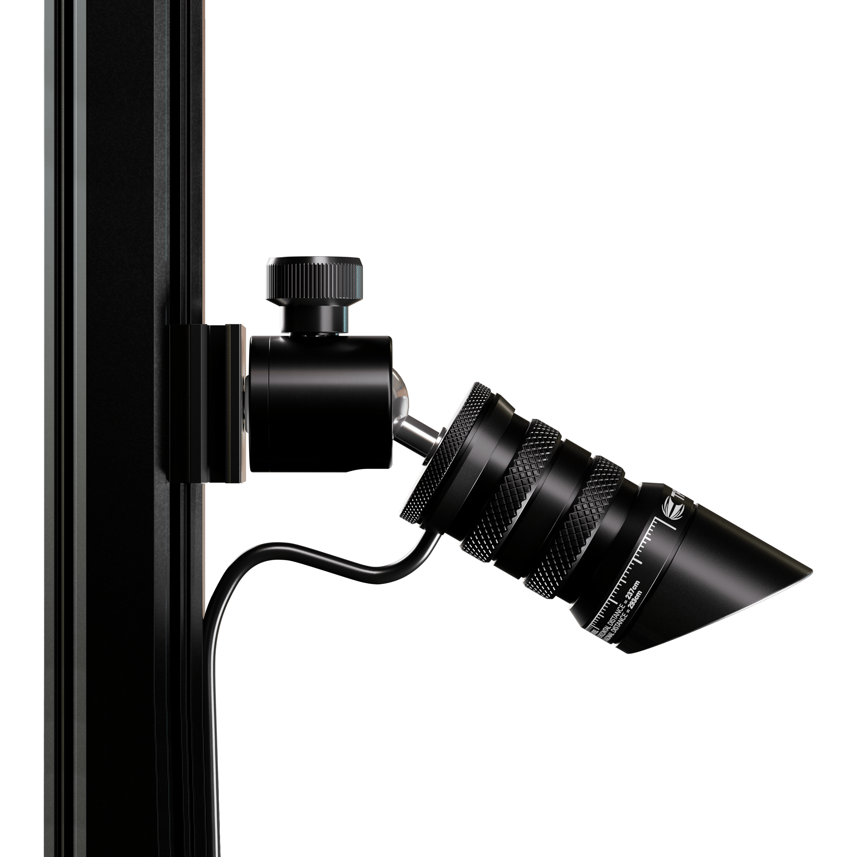 Láser de objetivo MOD Oche Das Bild zeigt das Produkt "Target MOD Laser Oche", das an einer vertikalen Stange befestigt ist. Es handelt sich um ein schwarzes, zylindrisches Gerät mit einem Kabelanschluss und feinen Details.