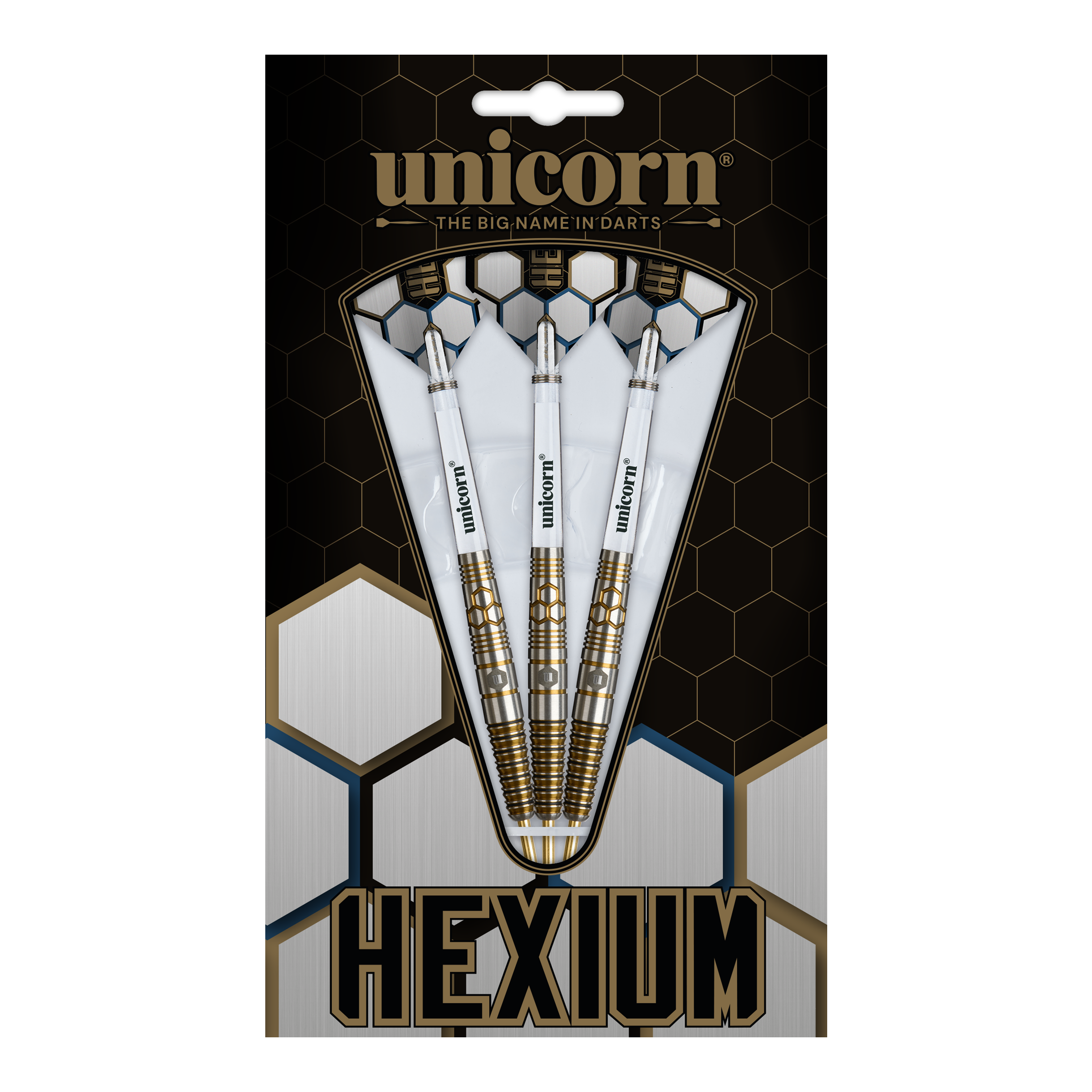 Dardos de acero Unicorn Hexium Style 03 dorados y negros Dies ist das Produkt Unicorn Hexium Style 03 Gold & Black Steeldarts. Drei Steeldarts in Gold und Schwarz sind abgebildet.