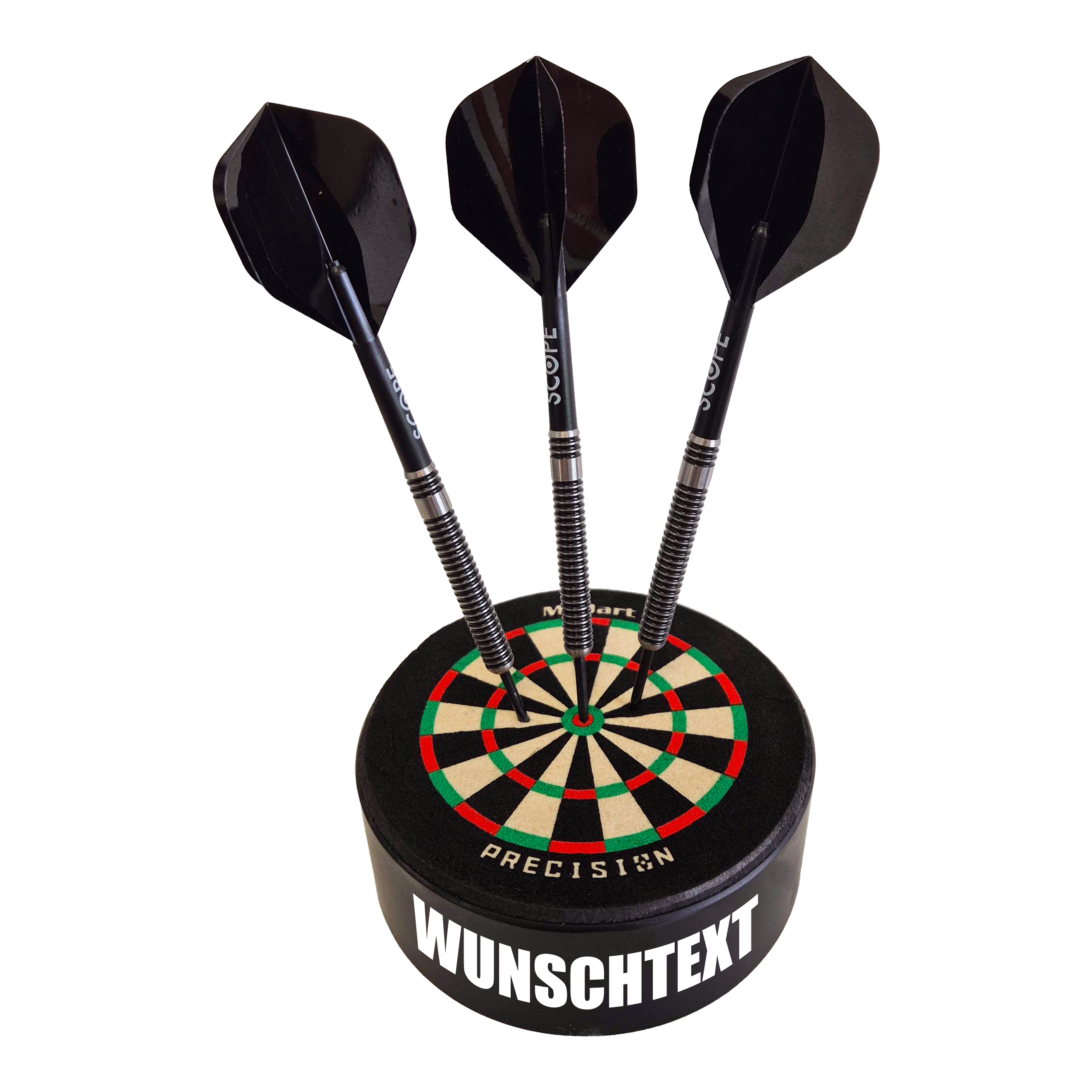 Mini diana de precisión McDart con texto personalizado Hier sieht man ein Produktfoto mit dem Dateinamen 765_McDart_Mini_Precision_Dartboard_Darthalter_1_Impact. Nähere Angaben zum Produkt fehlen.