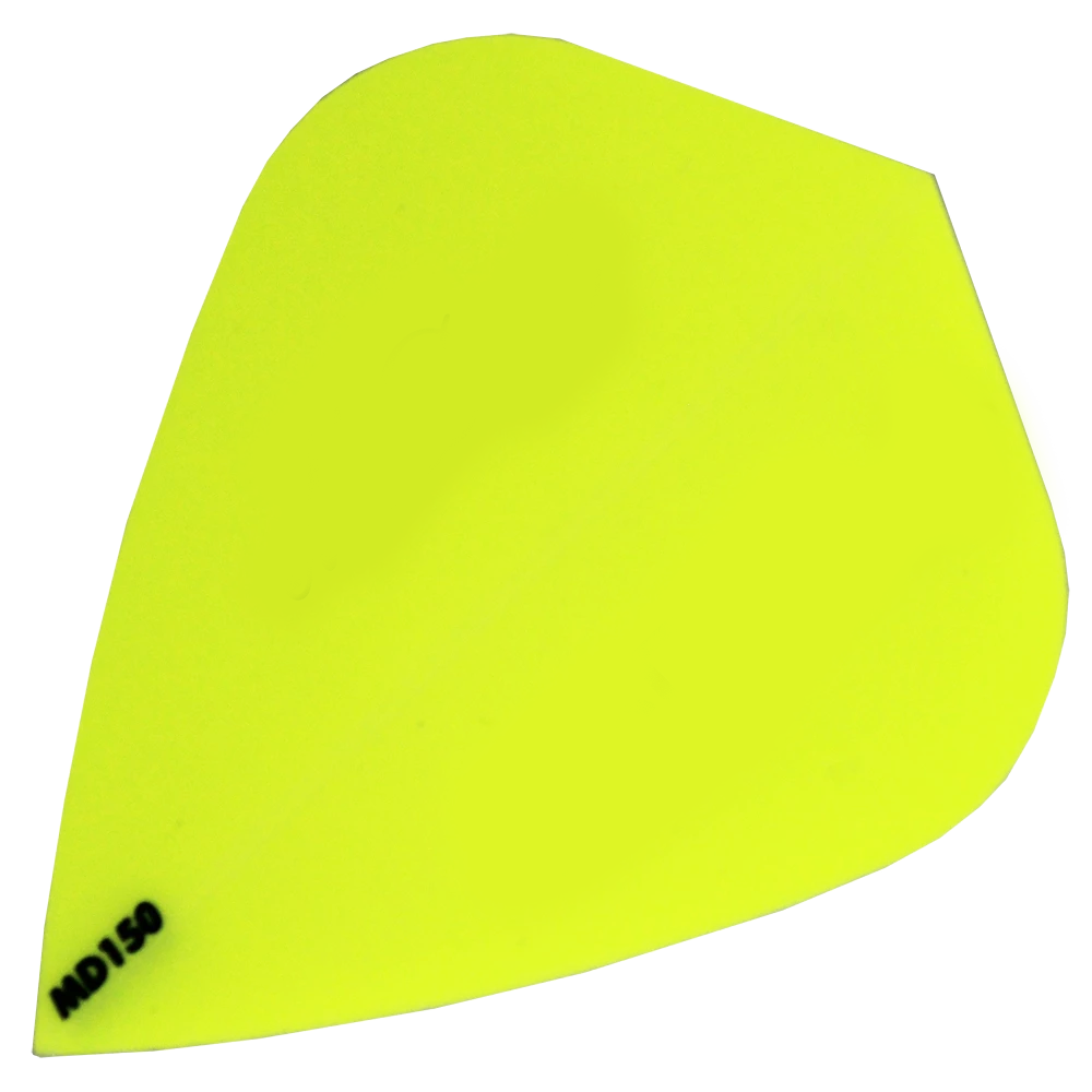 Das Bild zeigt ein leuchtend gelbes Dartflight des Modells „McDart MD150 – Kite Flight“. In der unteren linken Ecke steht in schwarzer Schrift „MD150“.