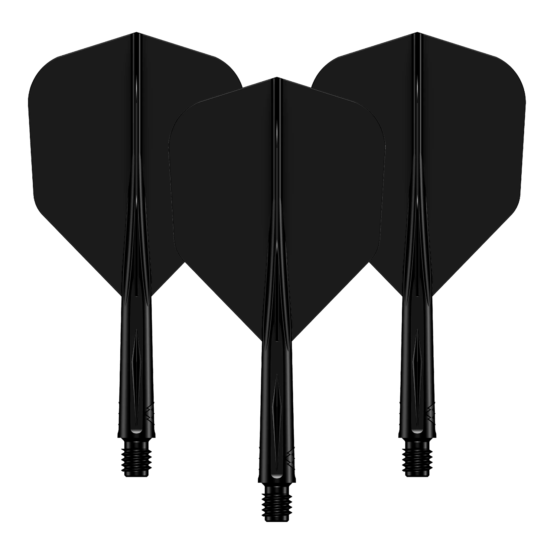 Sistema de eje de vuelo Mission Force 90 No6 - Negro Das Bild zeigt drei schwarze Dartflights mit passenden Dartschäften. Sie sind hintereinander angeordnet und haben eine glänzende Oberfläche.