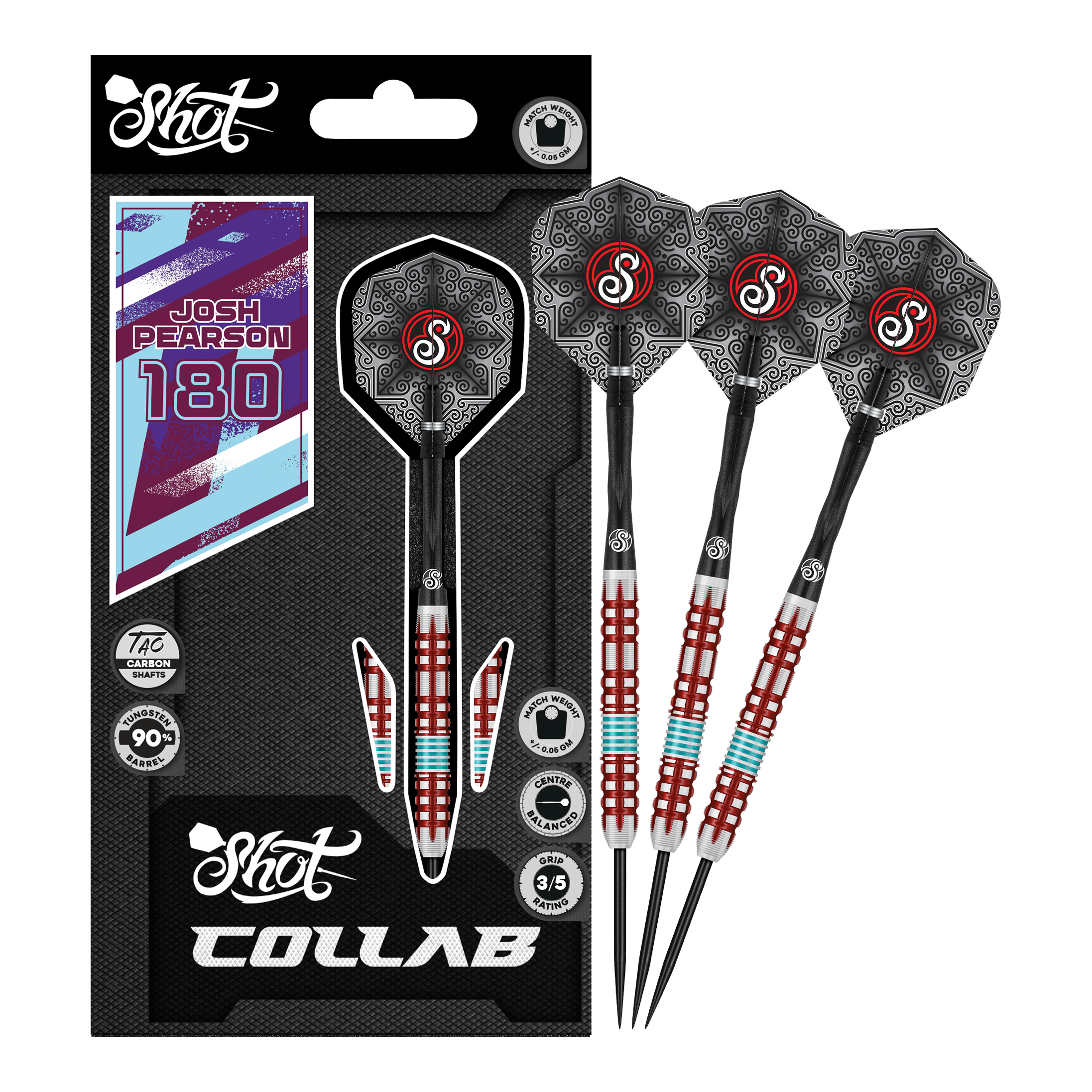 Dardos de acero Shot Collab Pro Series Josh Pearson - 23 g Das Produkt Shot Collab Pro Series Josh Pearson Steeldarts - 23g wird gezeigt. Die Darts besitzen eine präzise Verarbeitung für maximale Leistung.