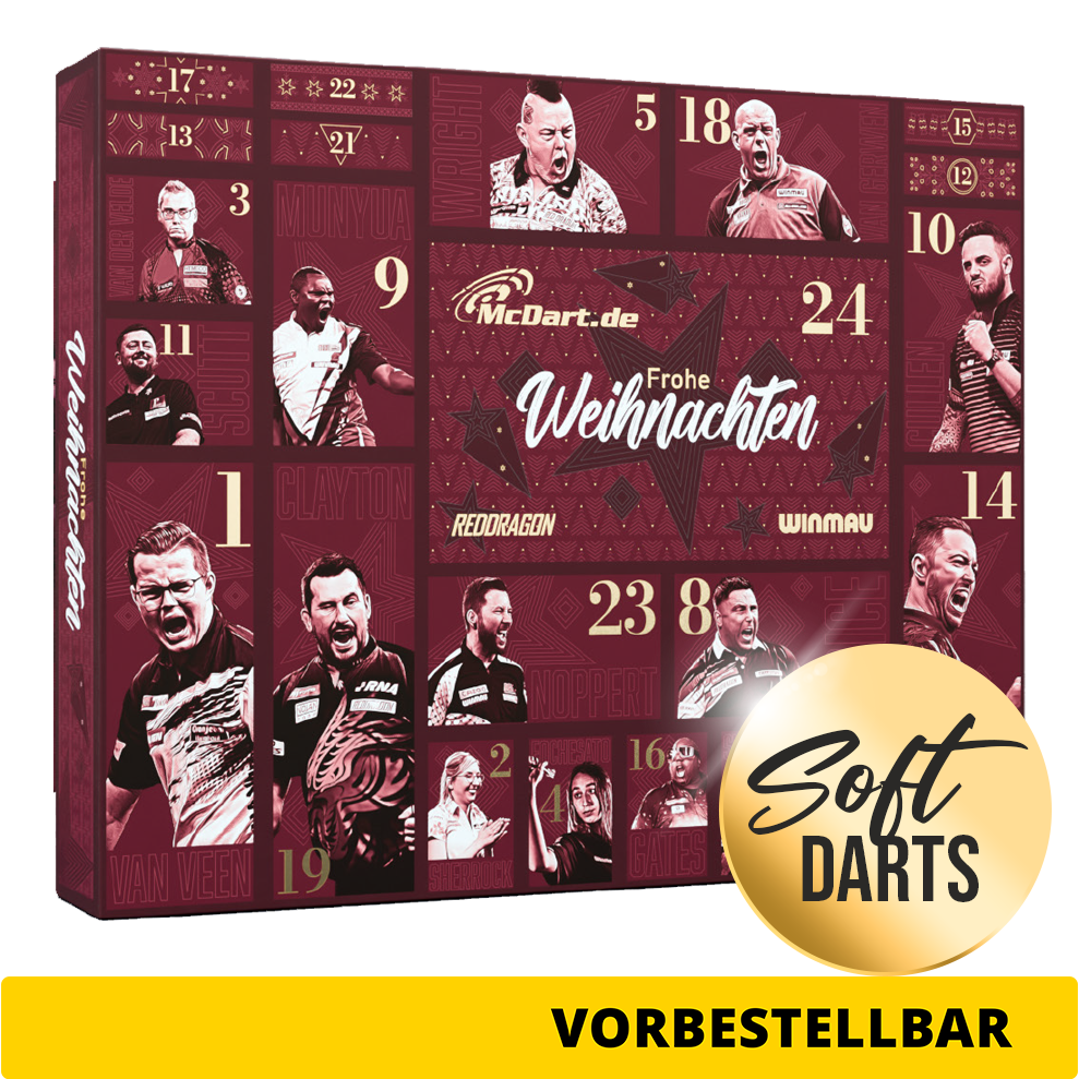 Calendario de Adviento Premium McDart 2026 para jugadores de dardos blandos Abgebildet ist der McDart Premium Adventskalender 2026 für Softdart-Spieler. Dieser Adventskalender richtet sich an Softdart-Fans.