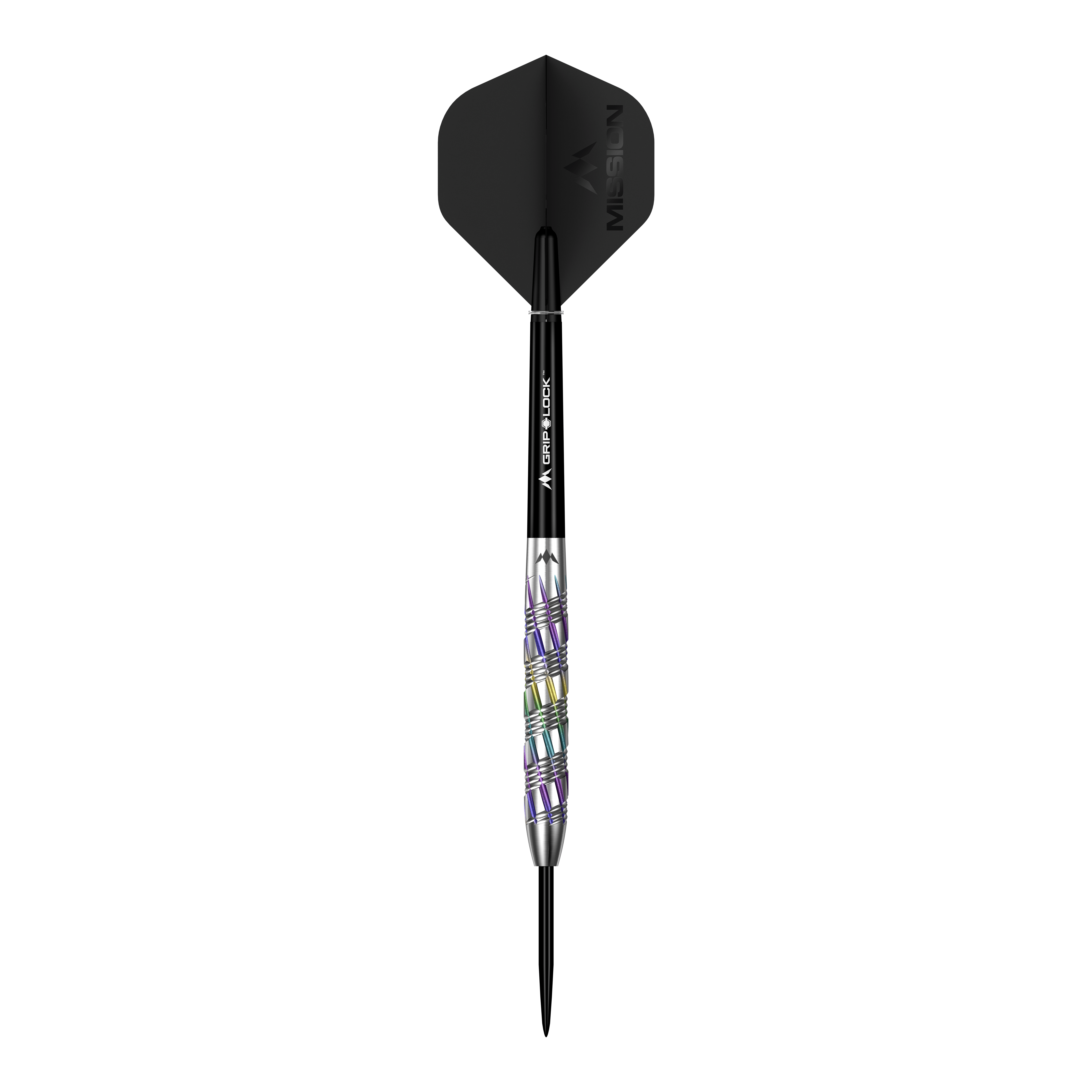 Mission Shuriken Steeldarts sind hochwertige Pfeile für das Dartspiel. Auf dem Bild sieht man einen einzelnen Mission Shuriken Steeldart.