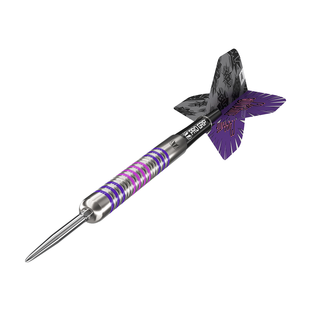 190221_Target_Elanor_Cairns_GEN1_Swiss_Point_Steeldarts_4 Dies ist ein Target Eleanor Cairns GEN1 Swiss Point Steeldart mit 24g Gewicht. Der Dartpfeil hat ein silbernes Barrel mit lila und pinken Akzenten sowie schwarze und lila Flights.